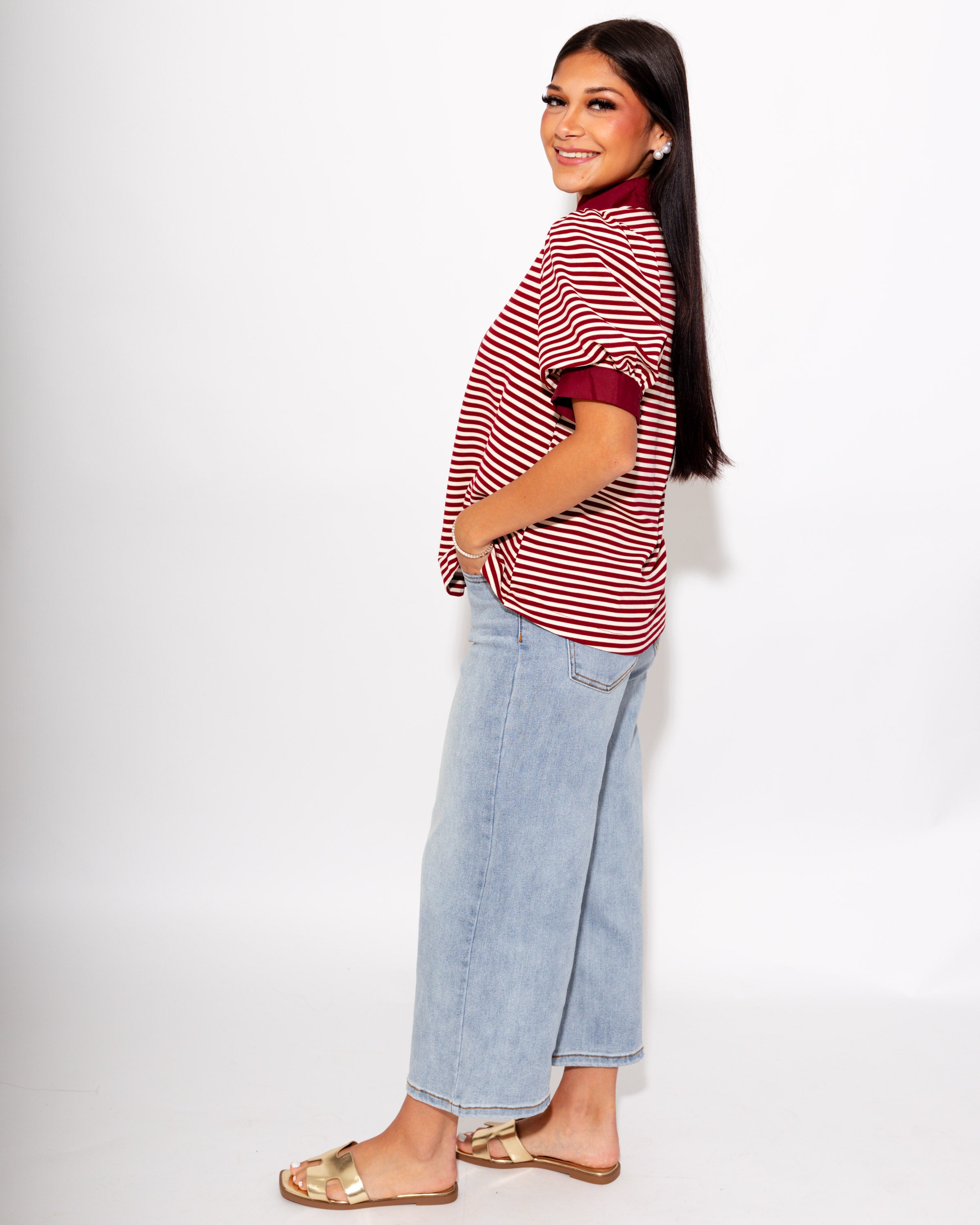 Stripe Contrast Puff Sleeve Top in Burgundy