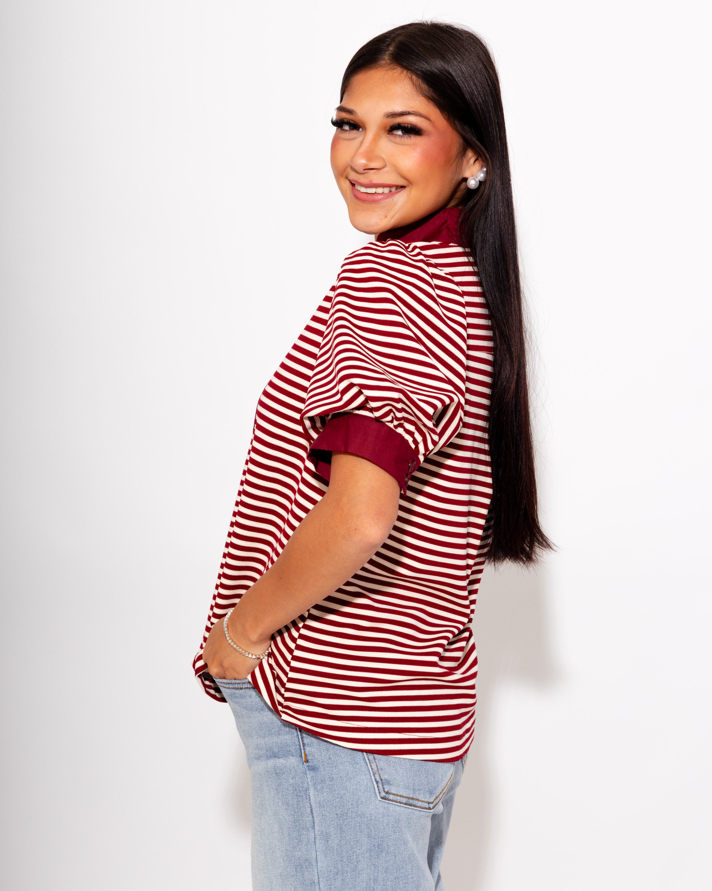 Stripe Contrast Puff Sleeve Top in Burgundy