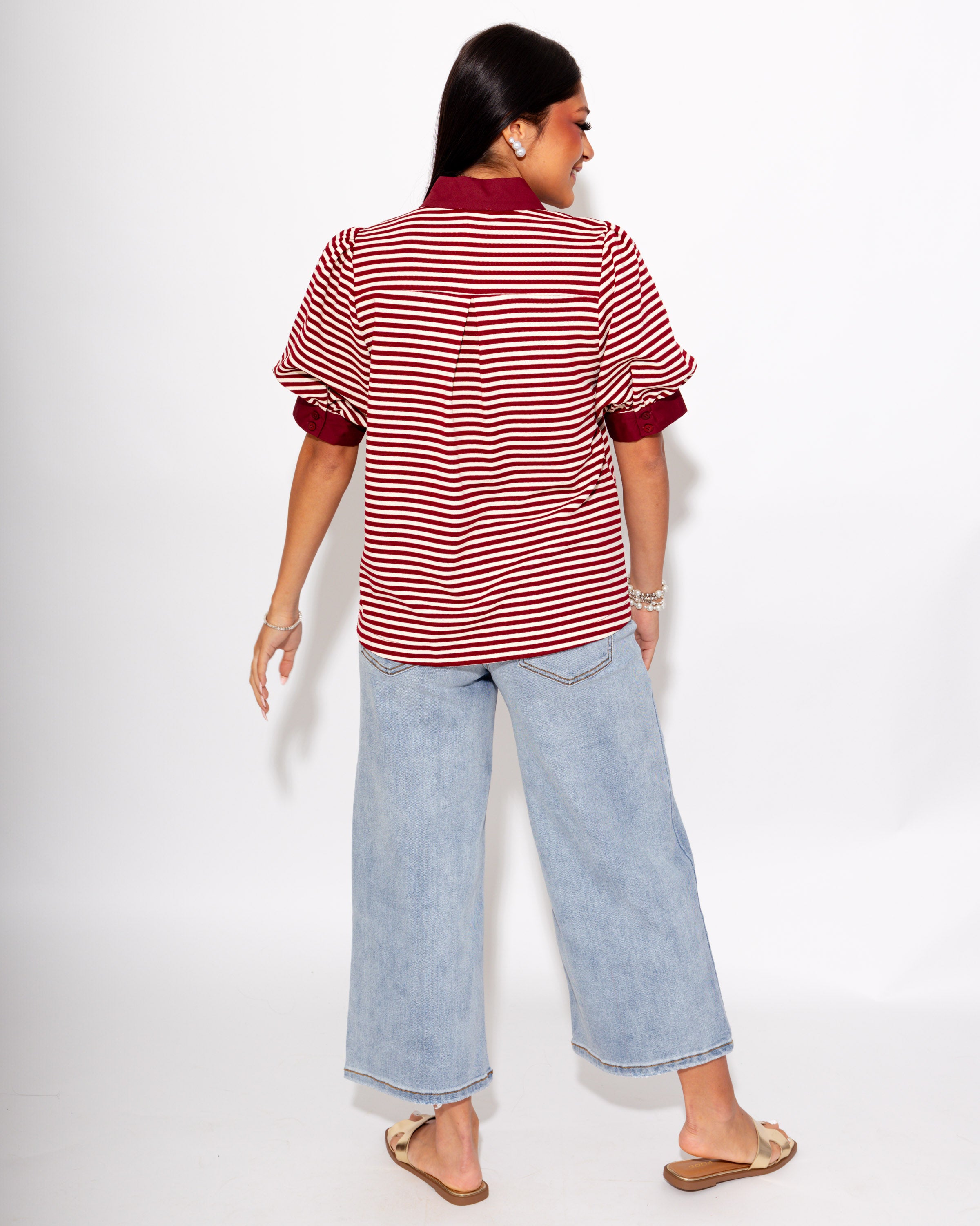 Stripe Contrast Puff Sleeve Top in Burgundy