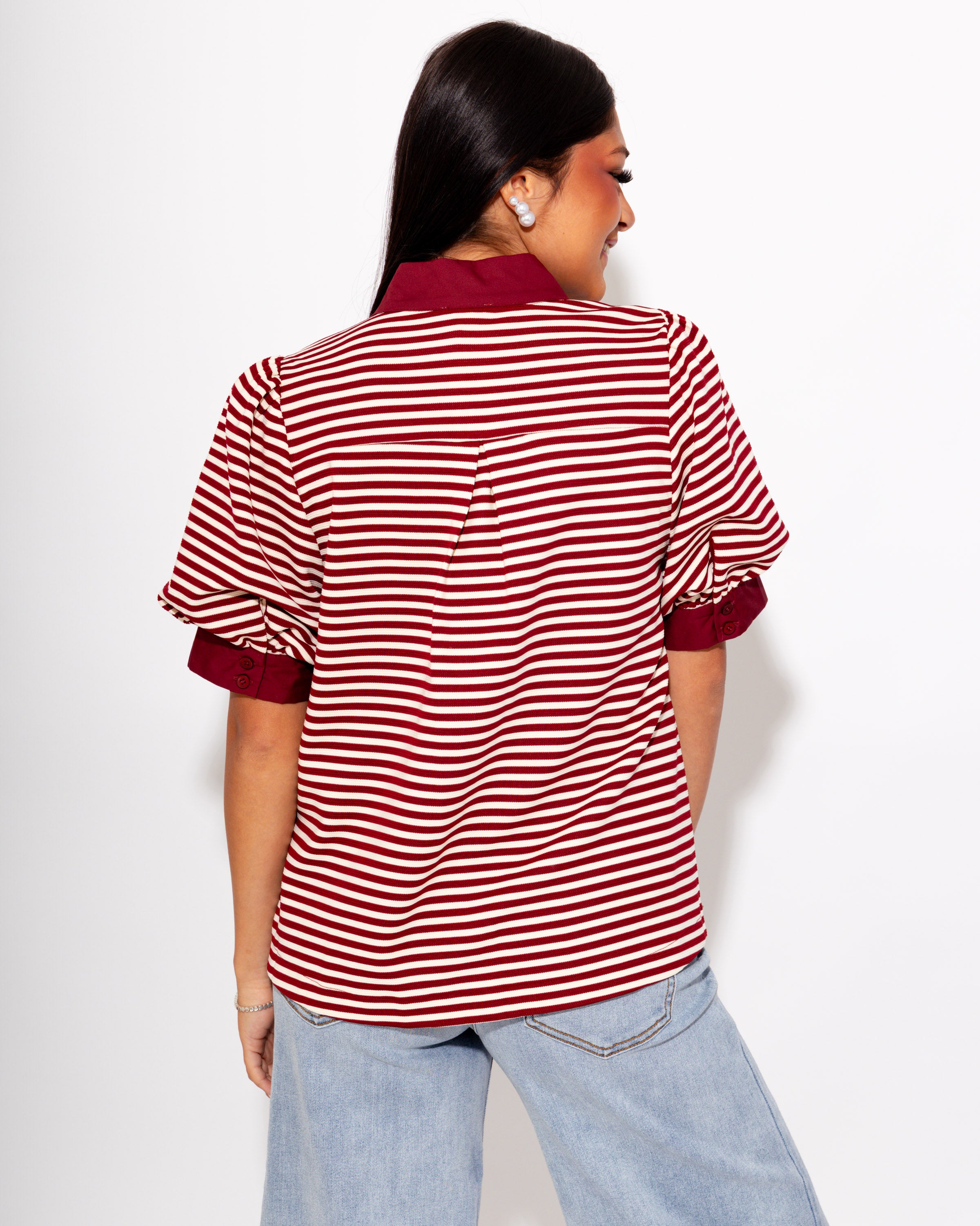 Stripe Contrast Puff Sleeve Top in Burgundy