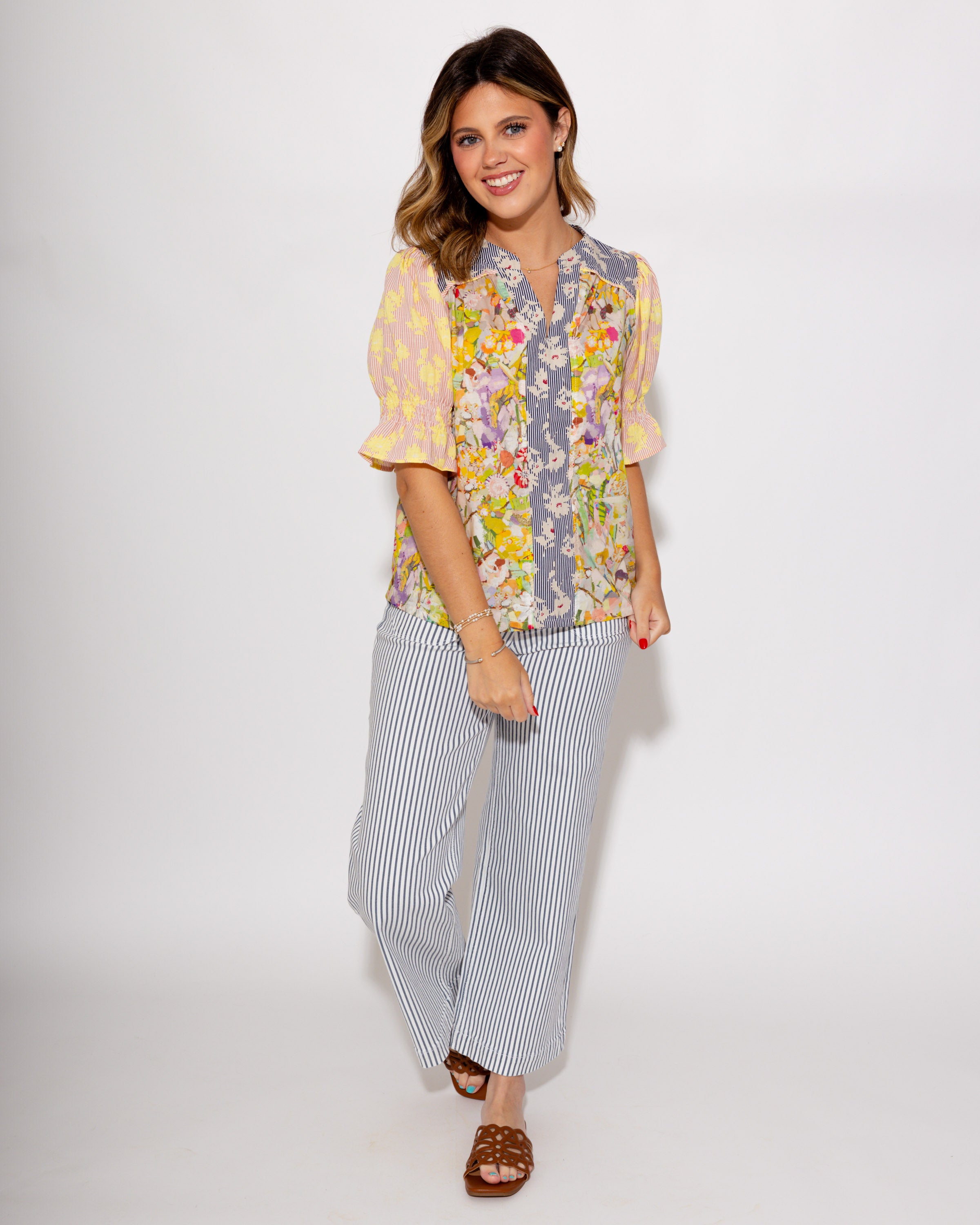 Multi Floral Print Split Neck Top
