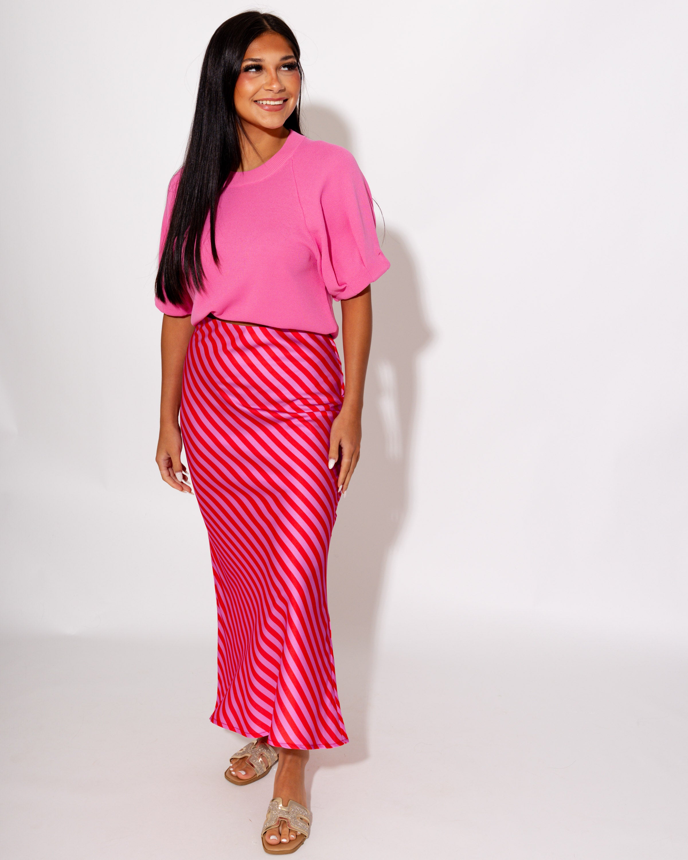 Statement Stripe Midi Skirt in Red/Pink