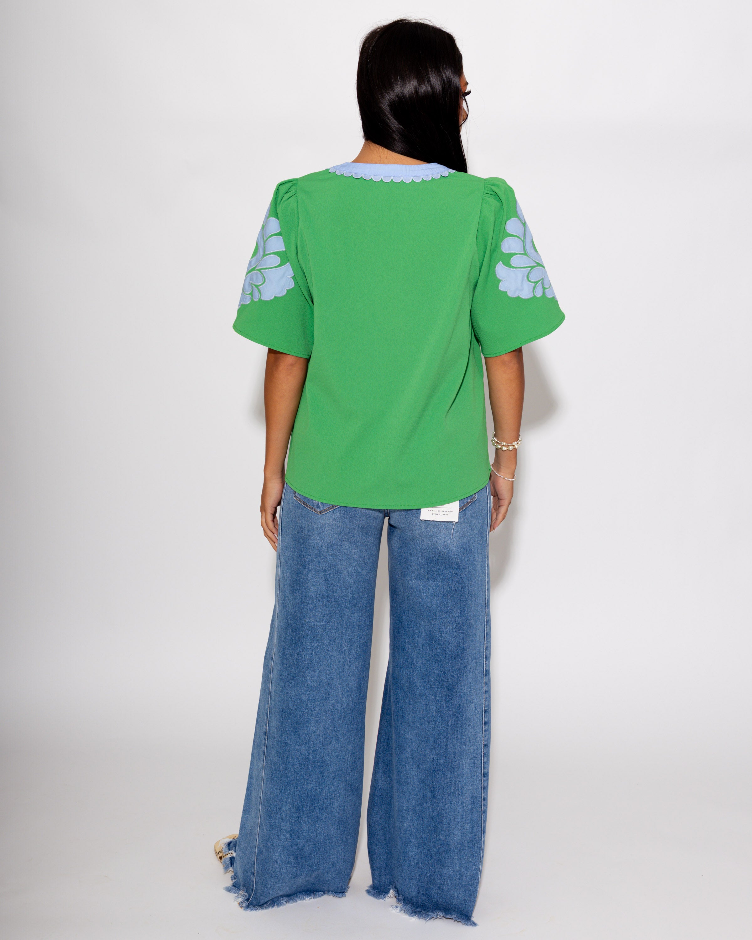 Baroque Appliqué Puff Sleeve Top in Green