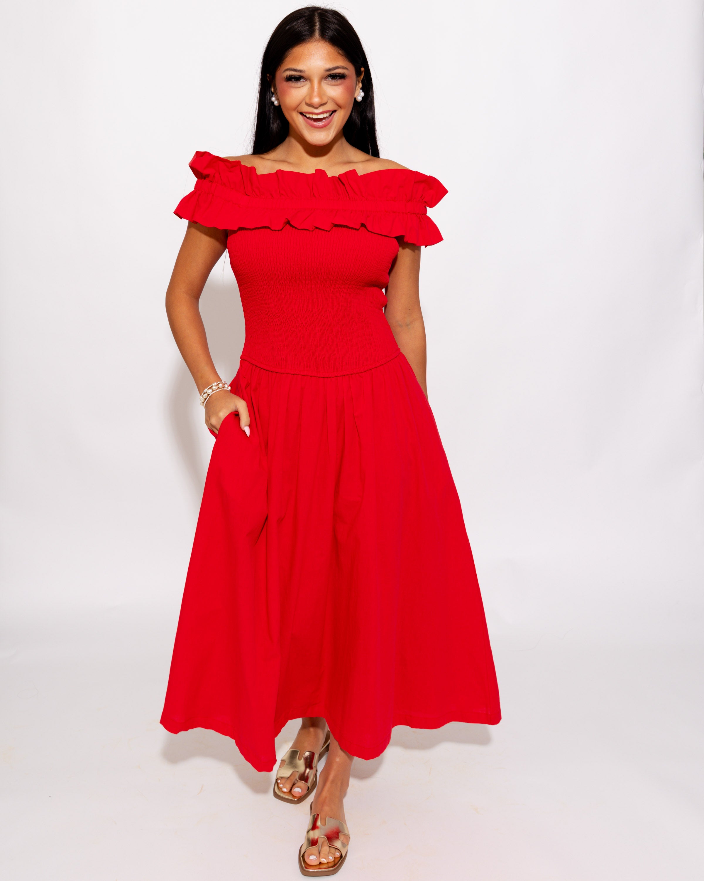 Smocked Bodice Off Shoulder Midi