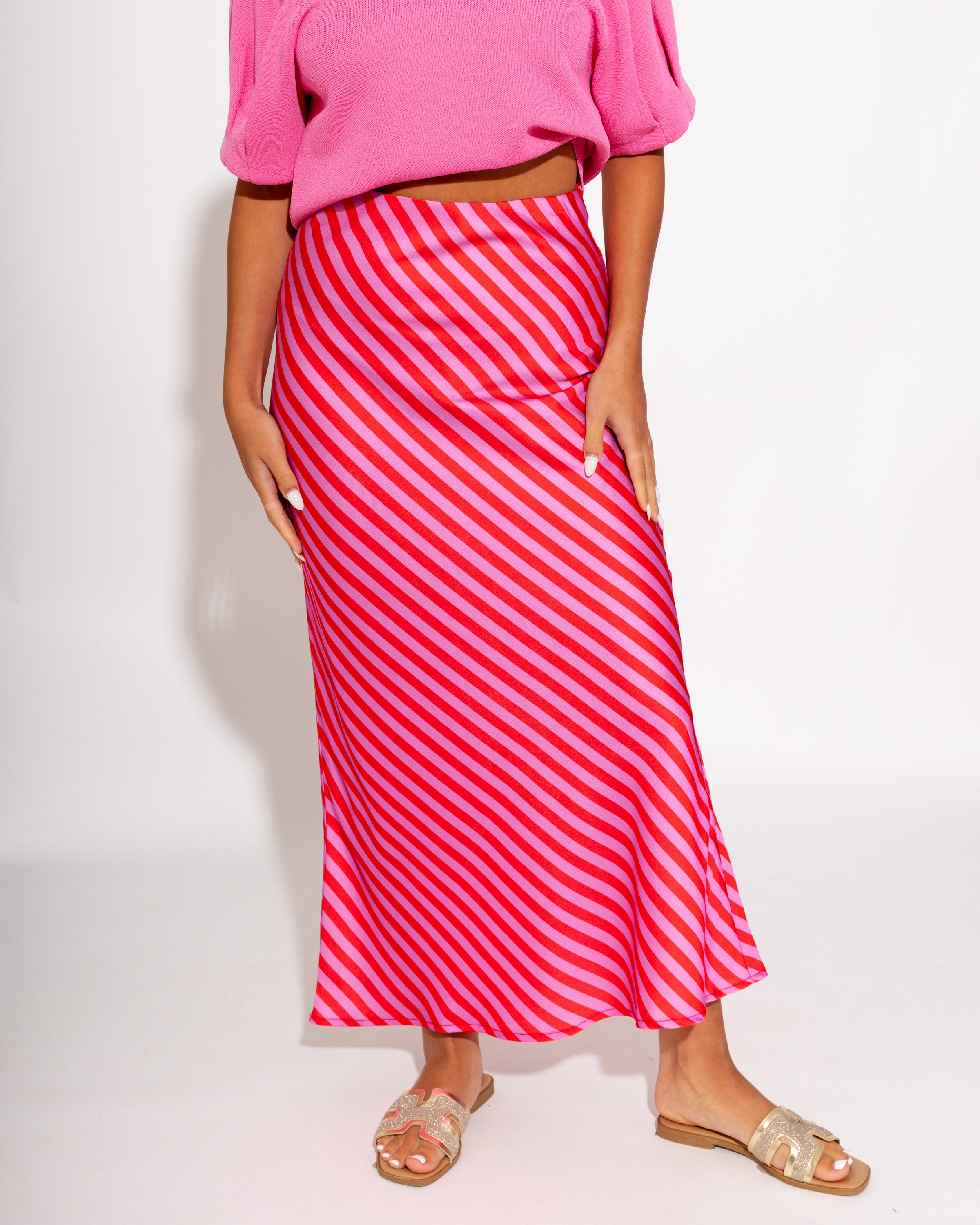 Statement Stripe Midi Skirt in Red/Pink