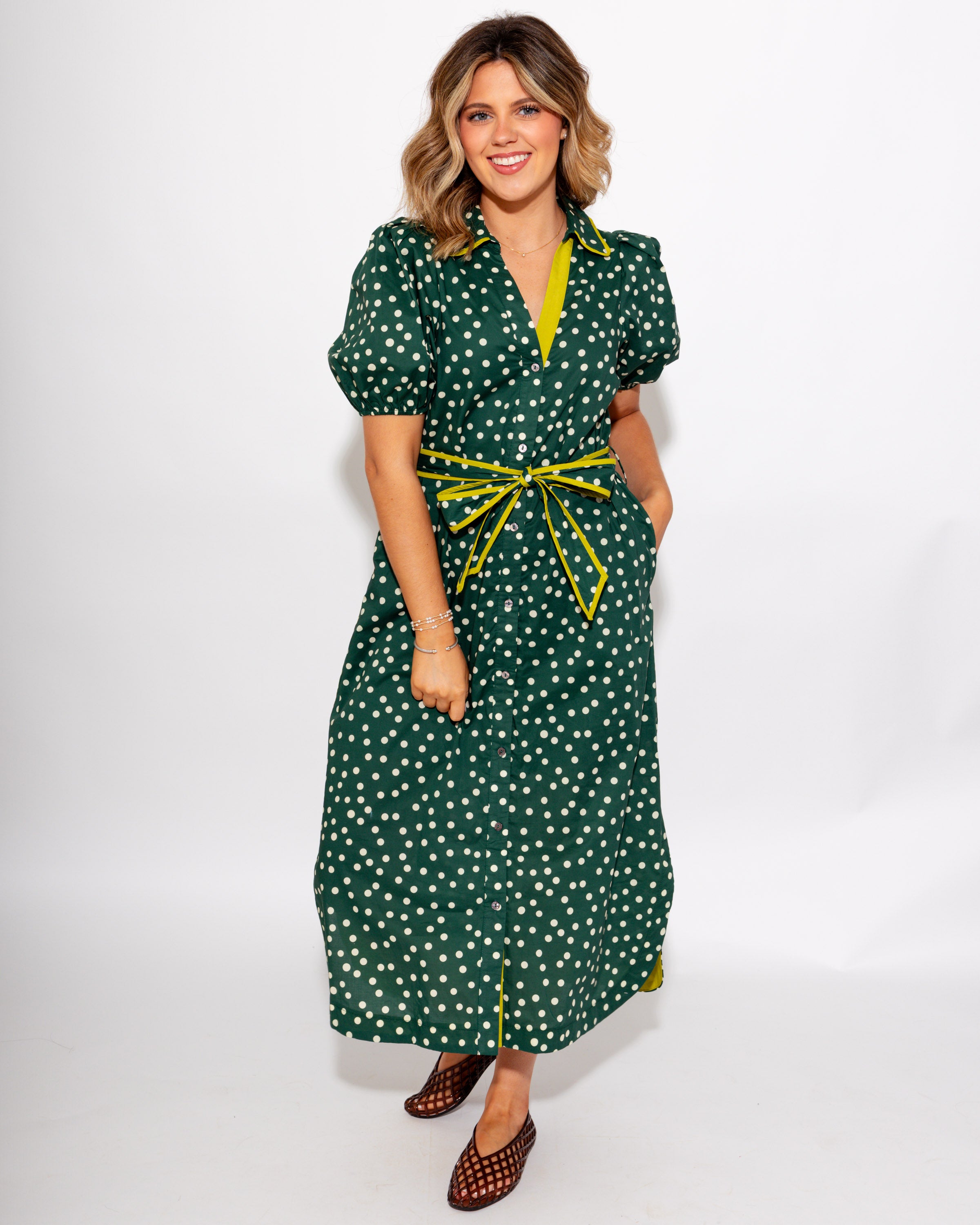 Polka Dot Tie Waist Midi Dress