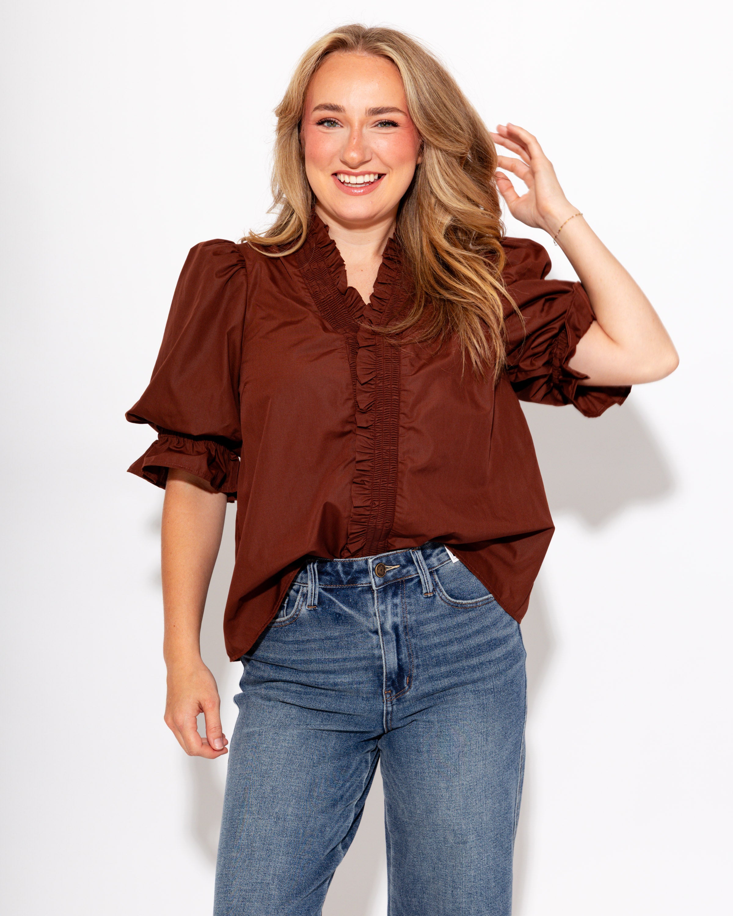 Ruffled Puff Sleeve Top in Brown