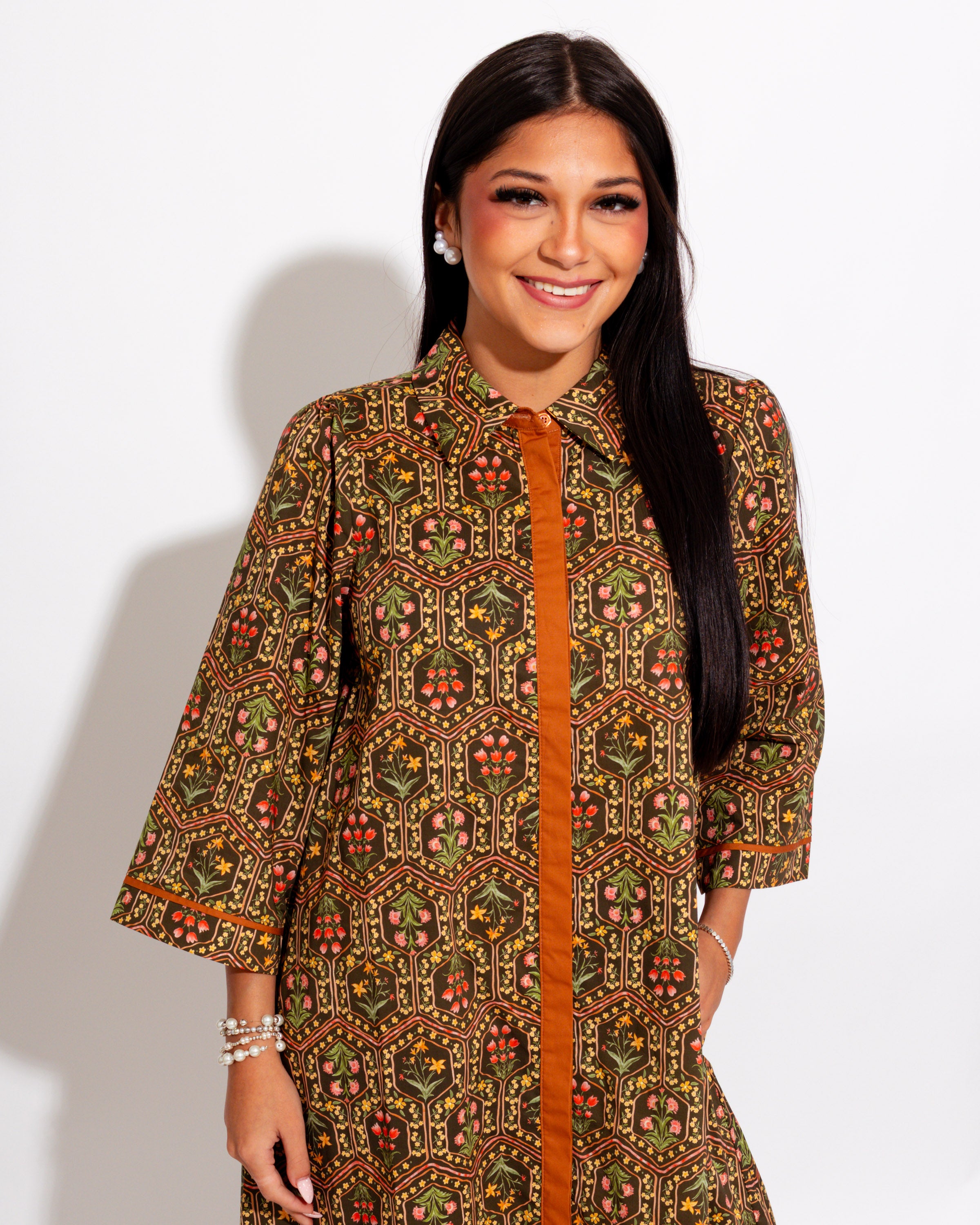 Fall Bloom Contrast Midi Dress