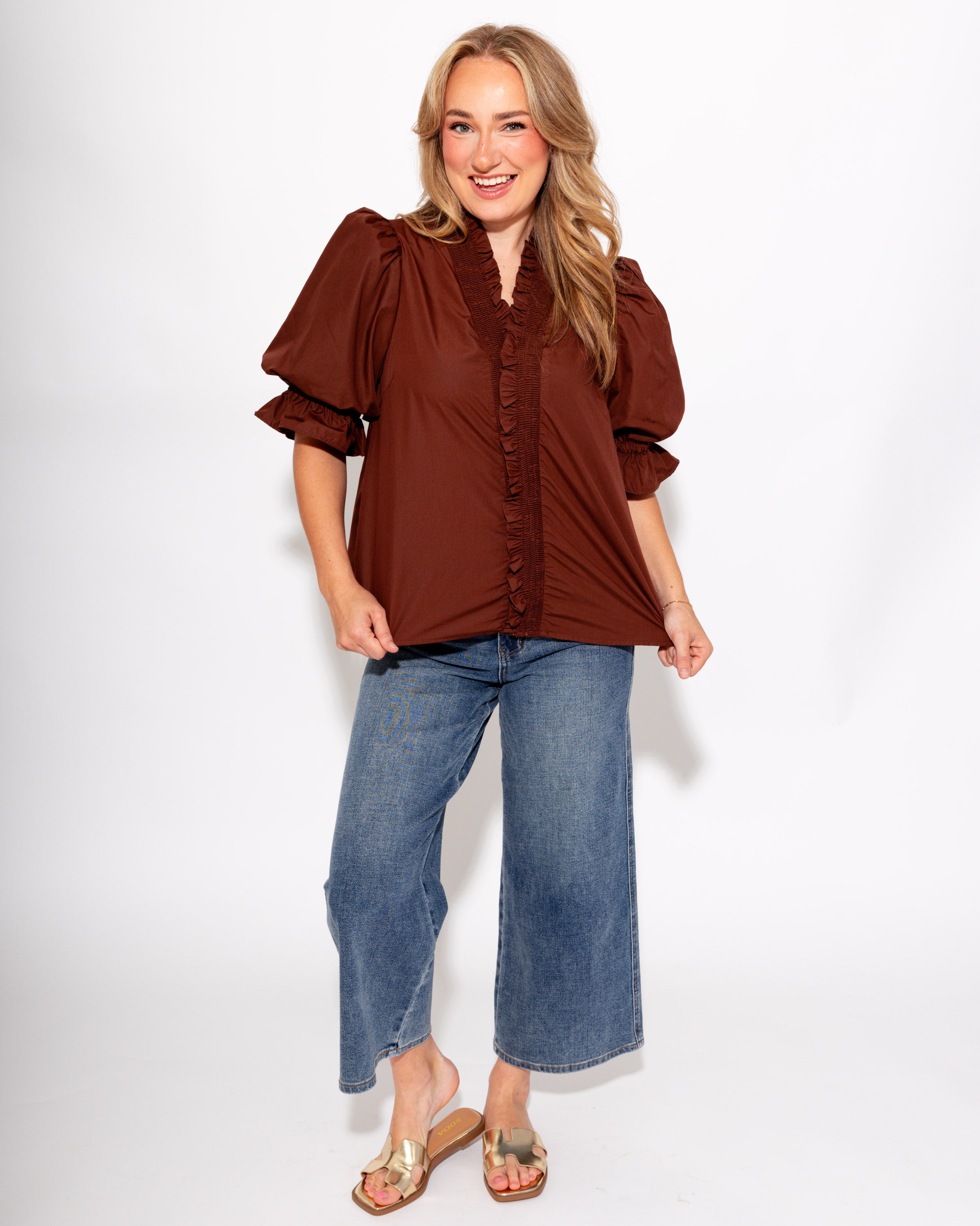 Ruffled Puff Sleeve Top in Brown