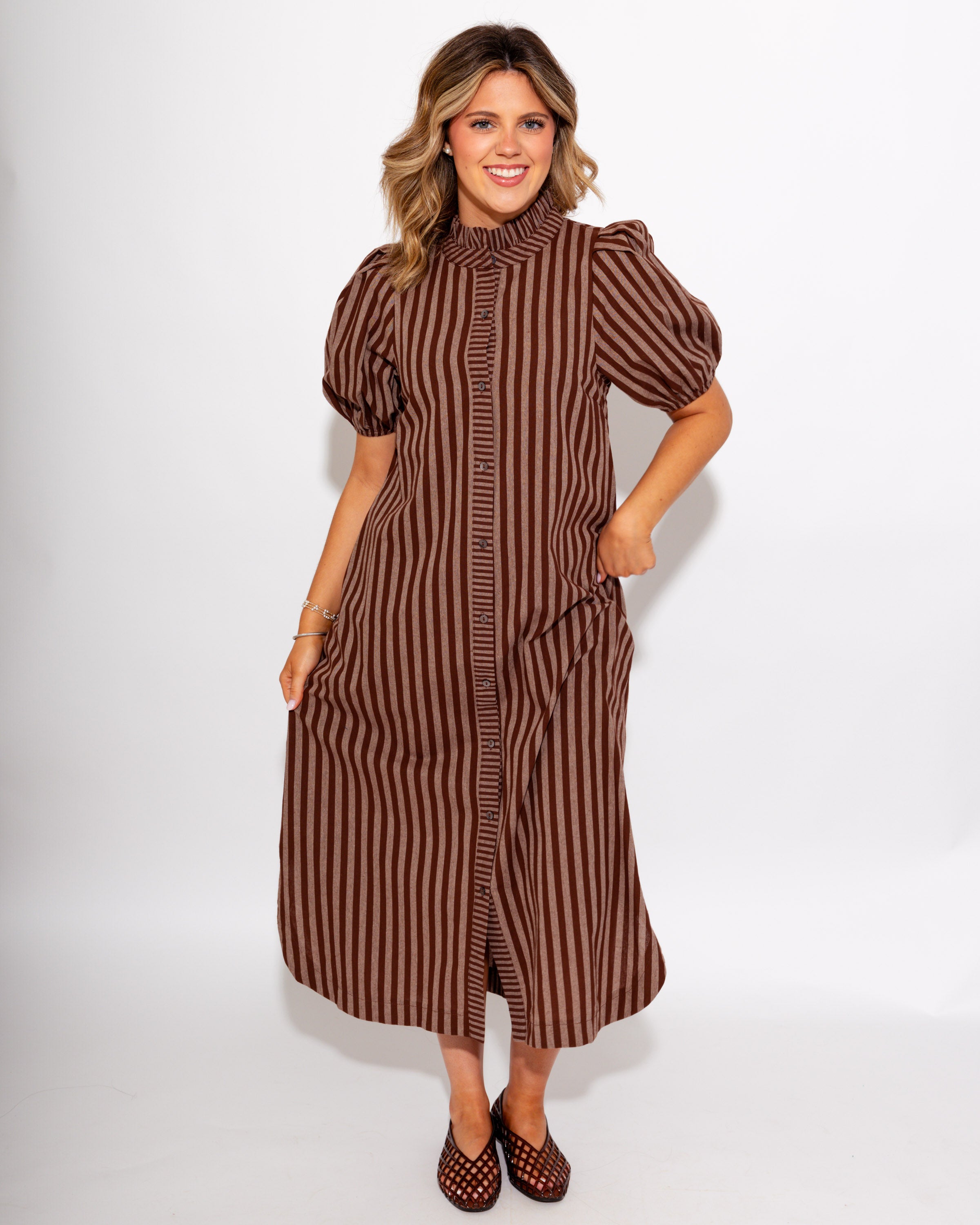 Timeless Stripe Ruffle Neck Midi Dress in Brown