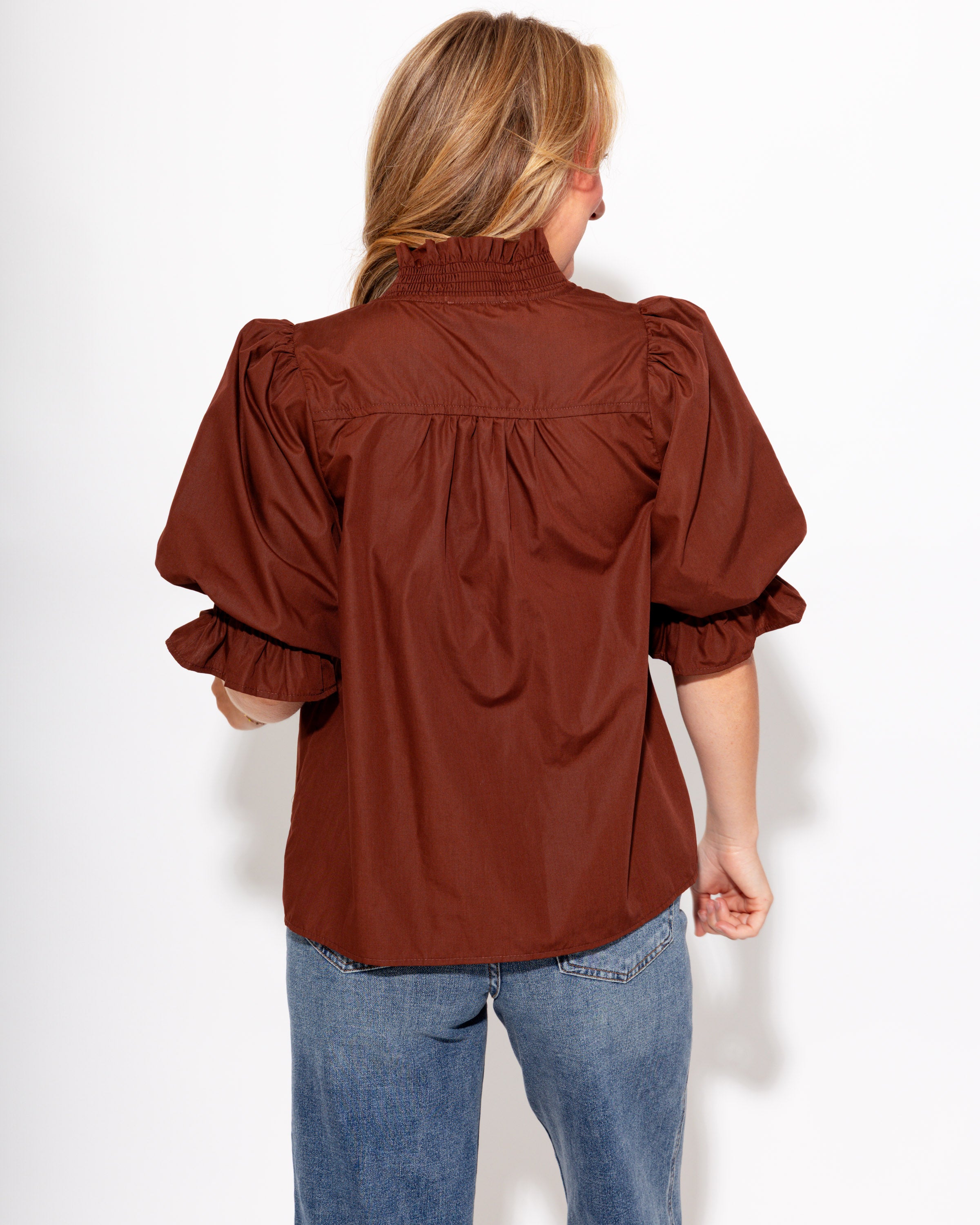 Ruffled Puff Sleeve Top in Brown