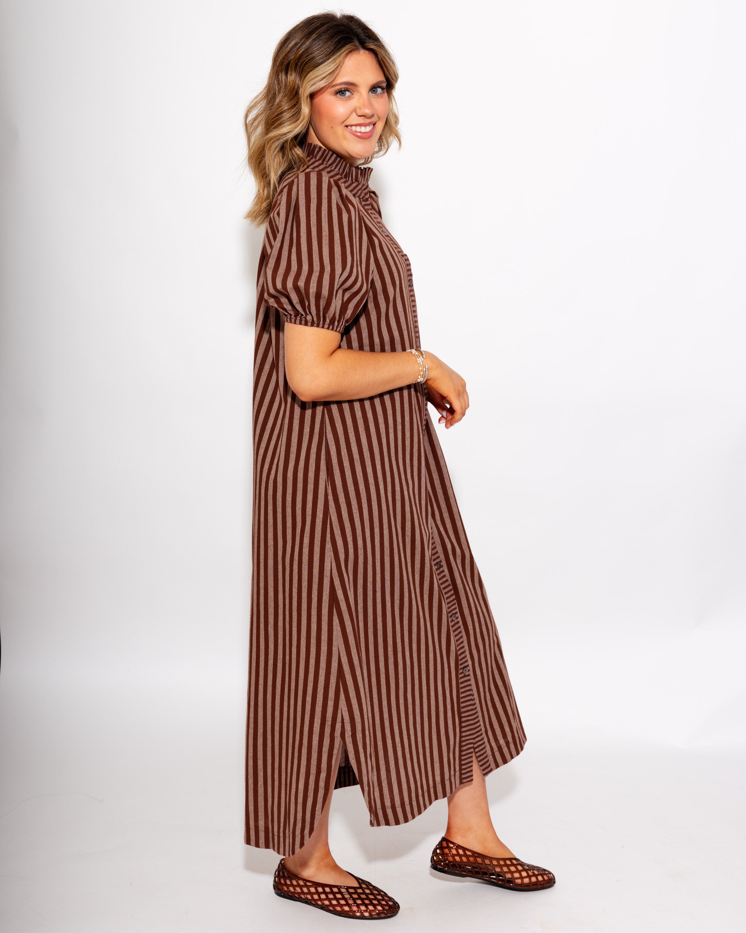 Timeless Stripe Ruffle Neck Midi Dress in Brown