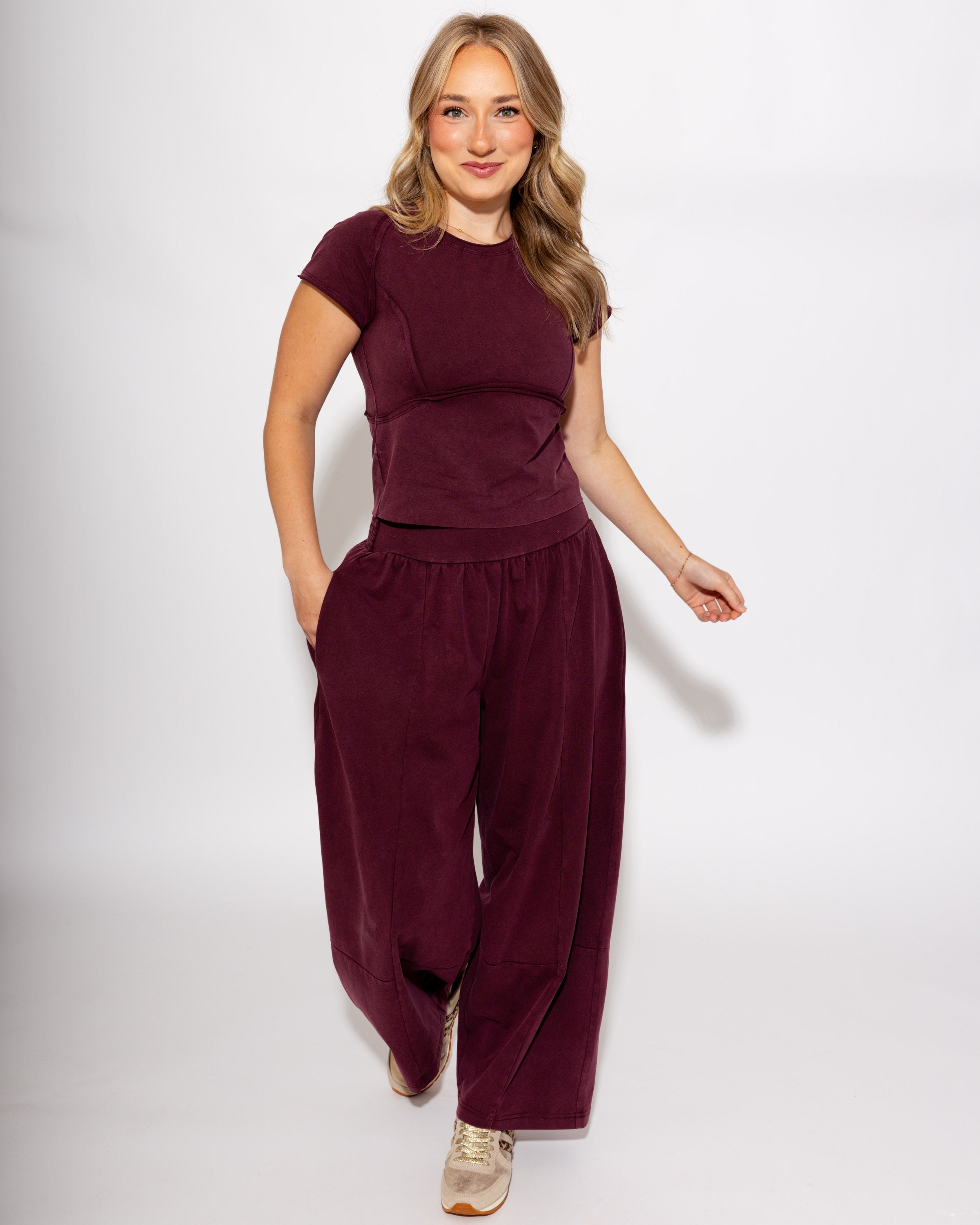 Mineral Washed Wide Leg Pants in Red Bean