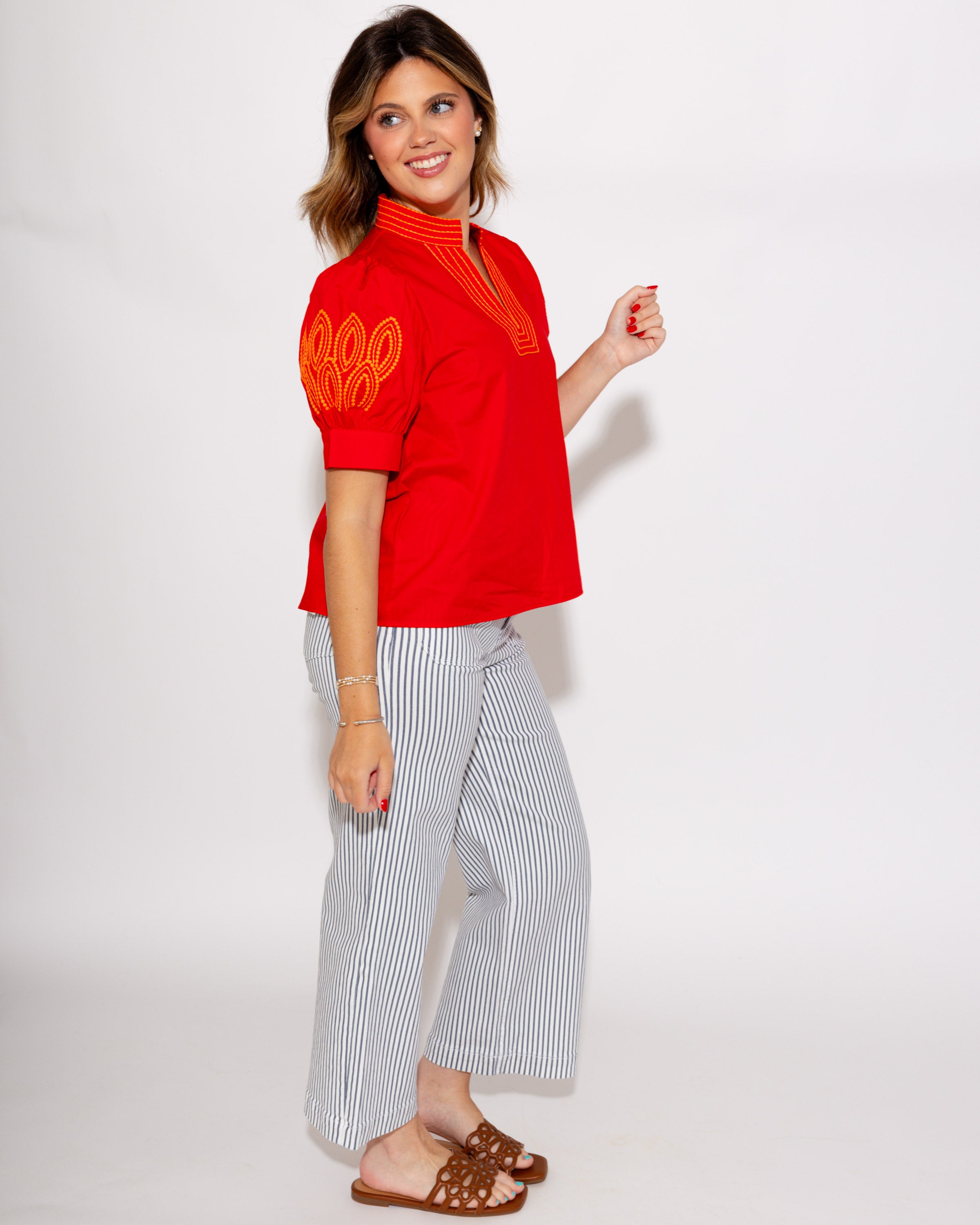 Embroidered Puff Sleeve Top in Red