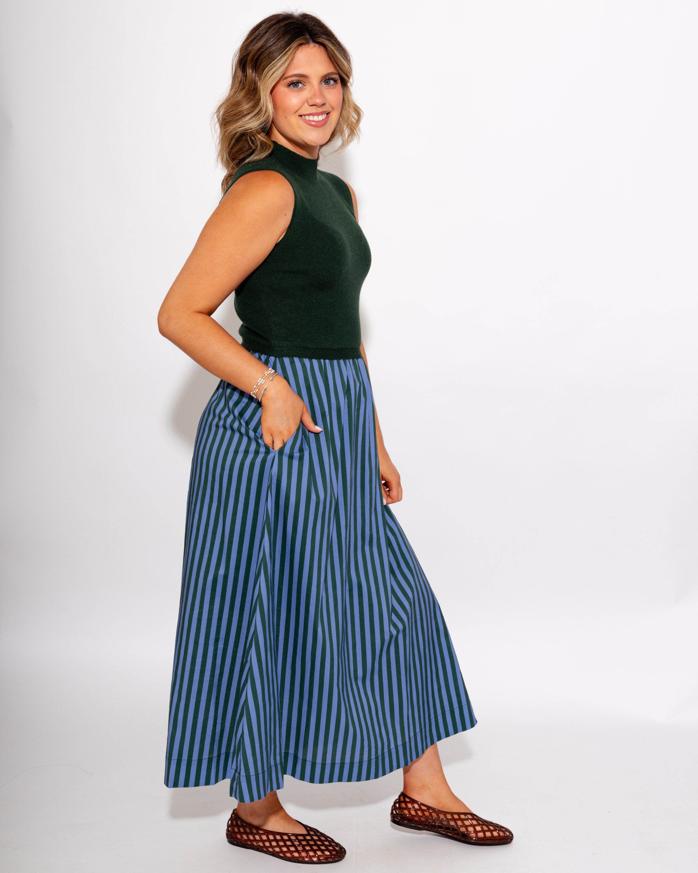 Mock Neck Striped Midi