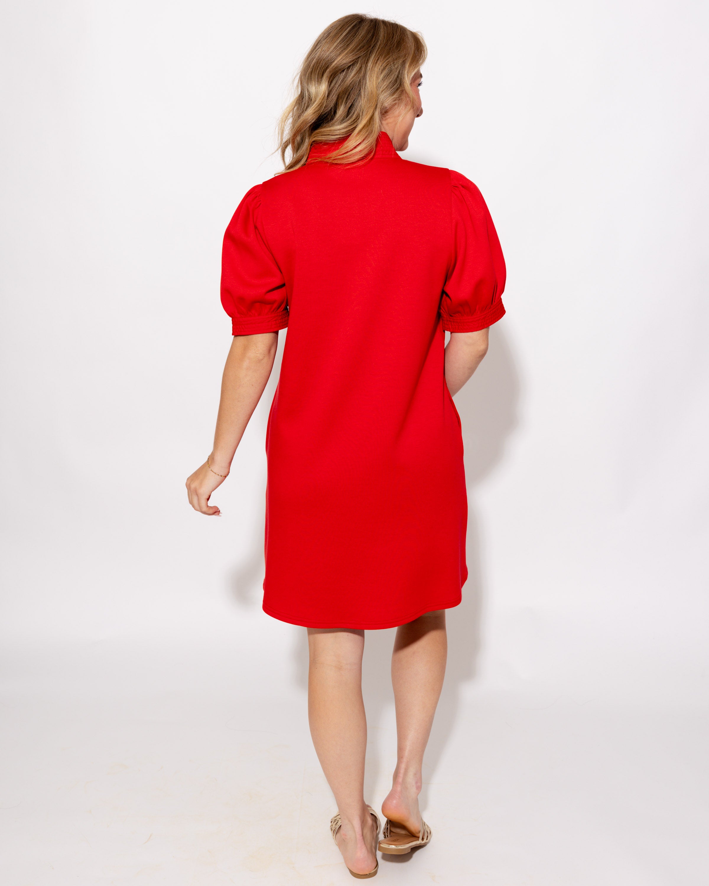 Puff Sleeve Shift Dress in Red