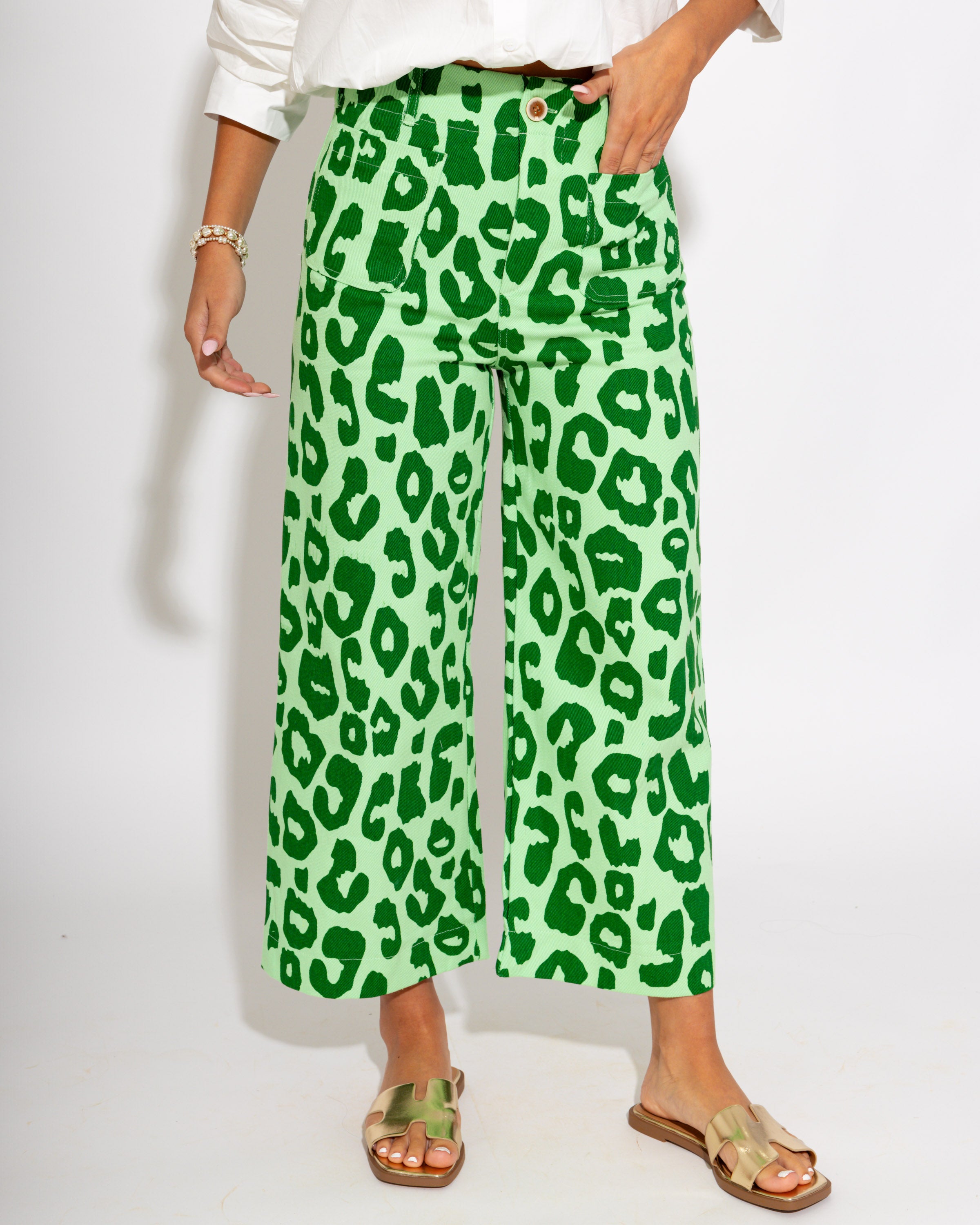 Standout Cropped Leopard Pants in Green