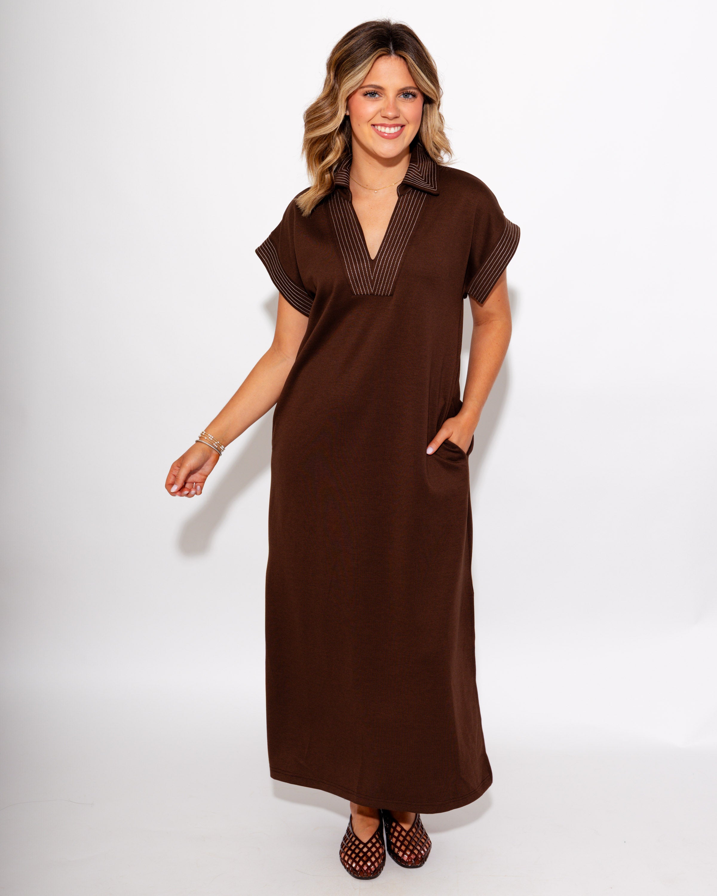 Contrast Stitch Polo Midi Dress