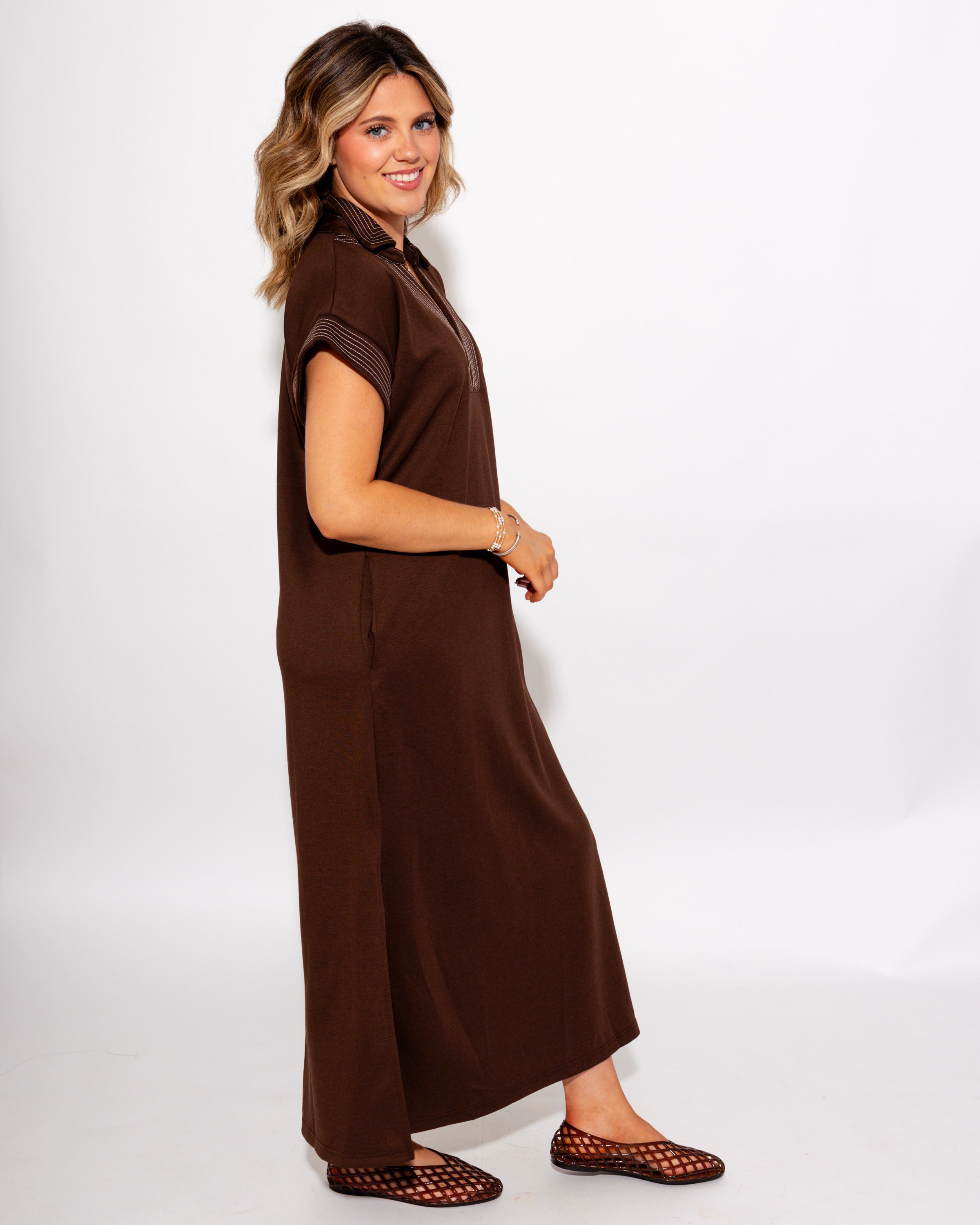 Contrast Stitch Polo Midi Dress