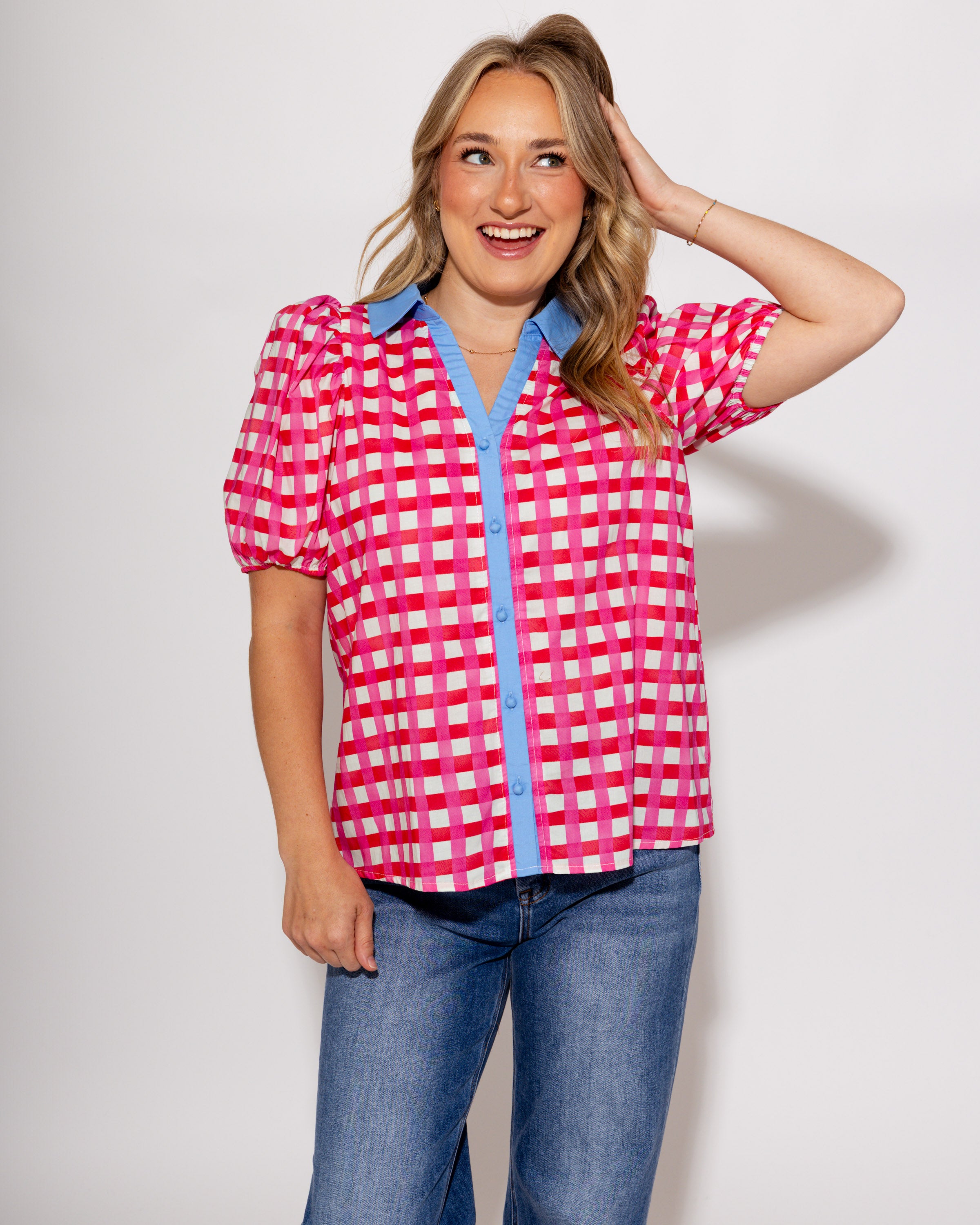 Colorblock Collar Check Top