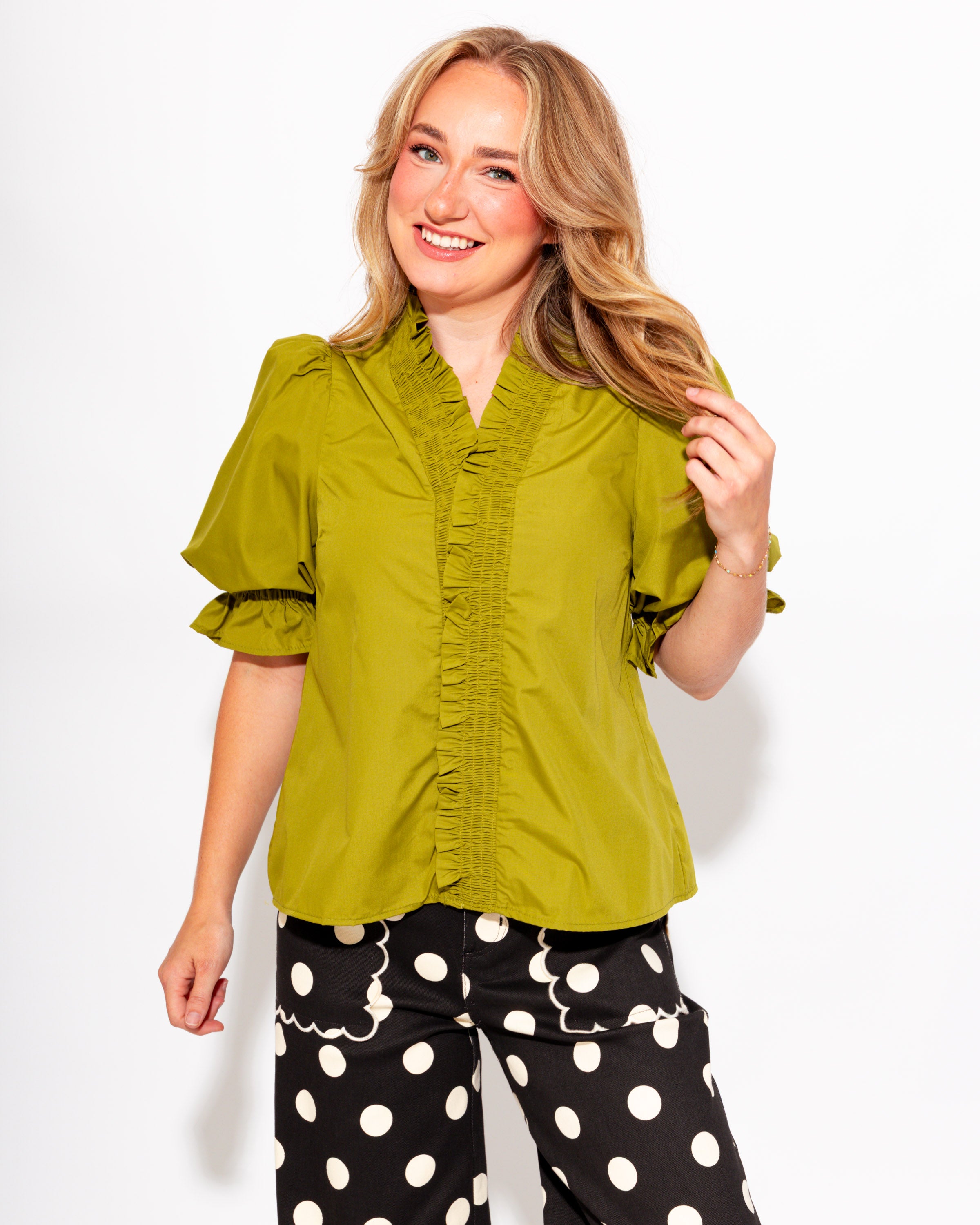Ruffled Puff Sleeve Top in Olive