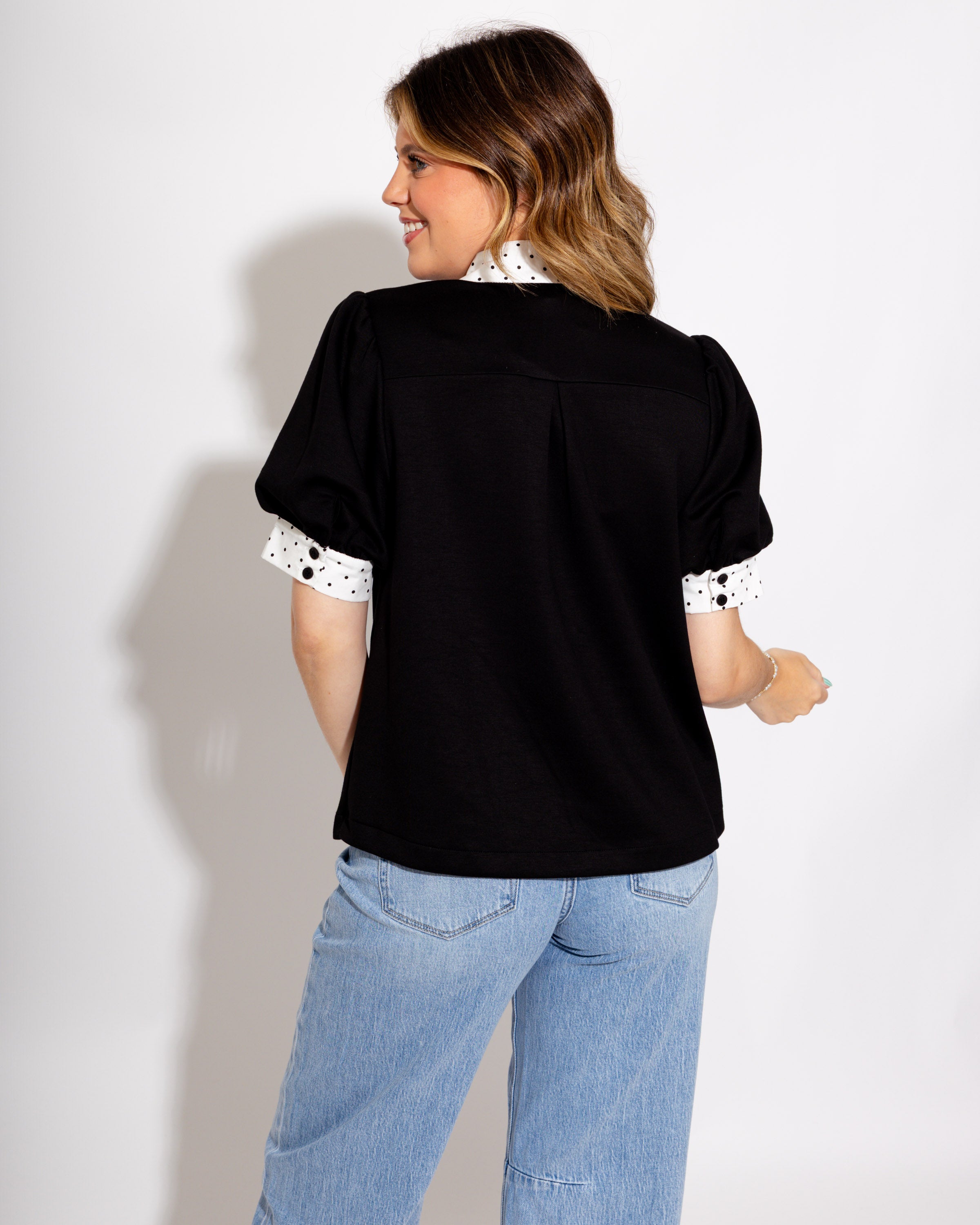 Contrast Dot Puff Sleeve Top