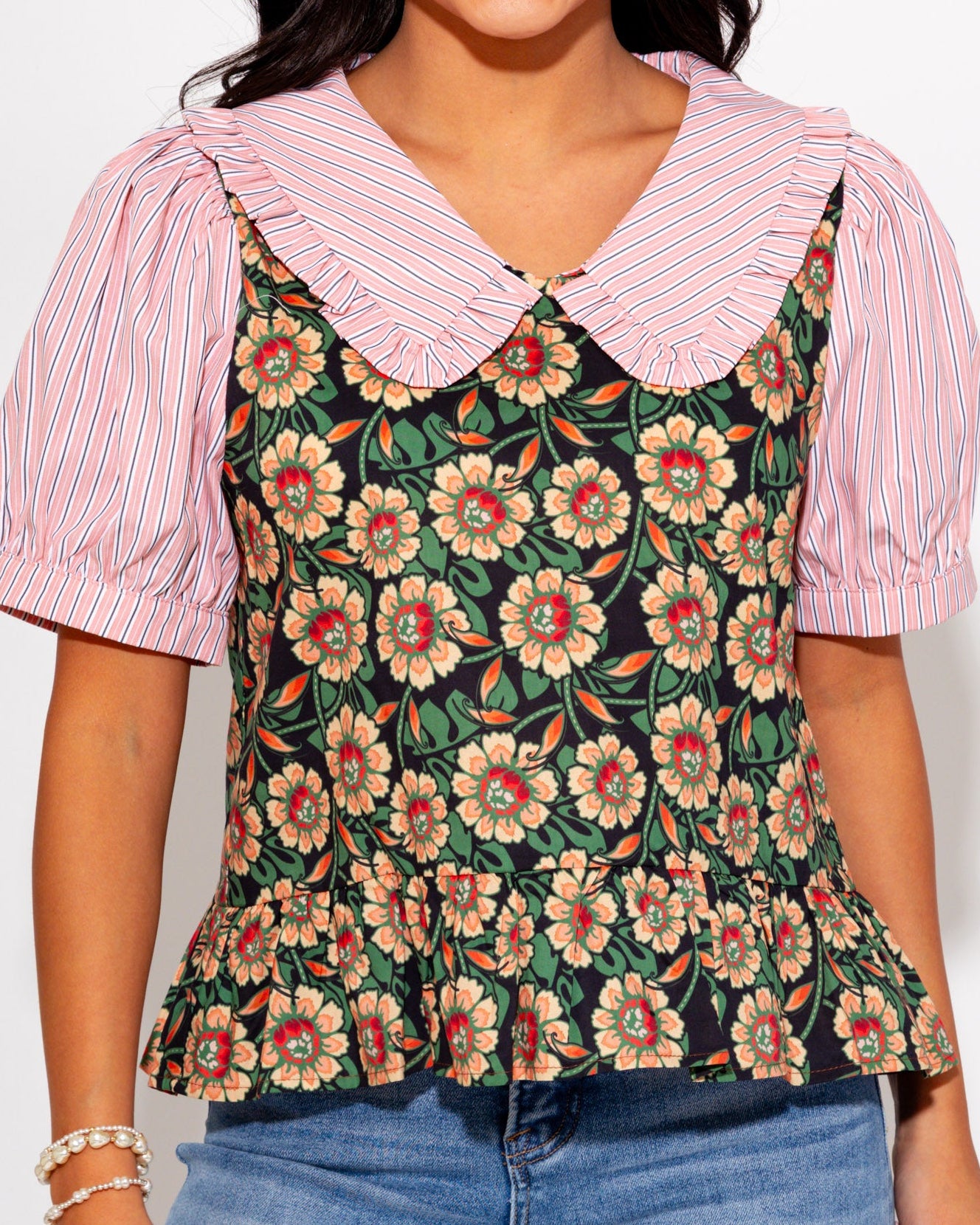 Girly Garden Mixed Print Top in Peach