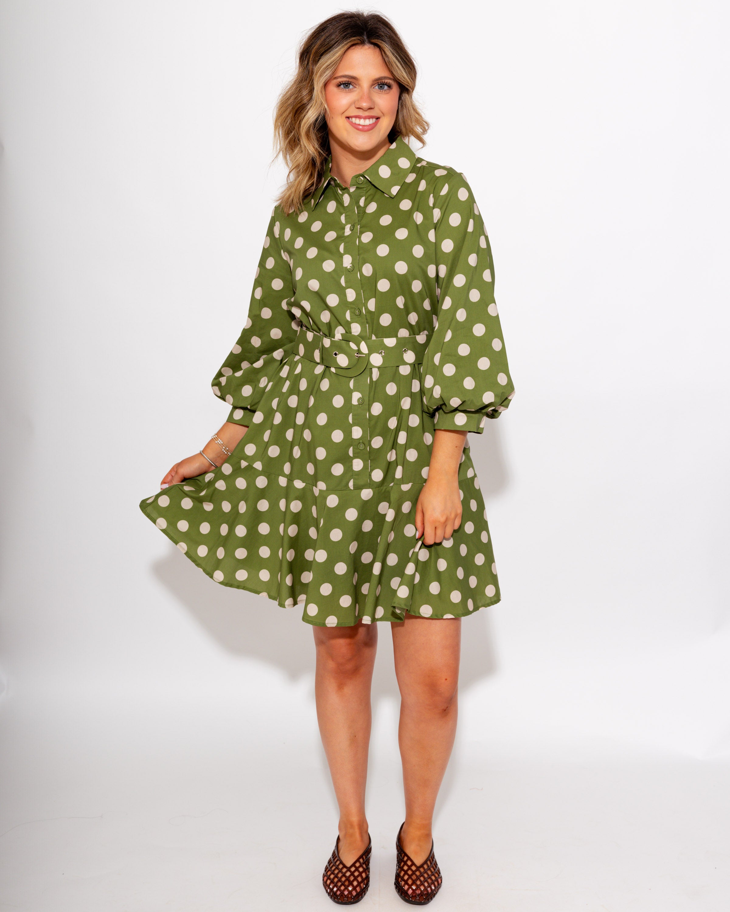 Olive & Polka Dot Belted Mini Dress