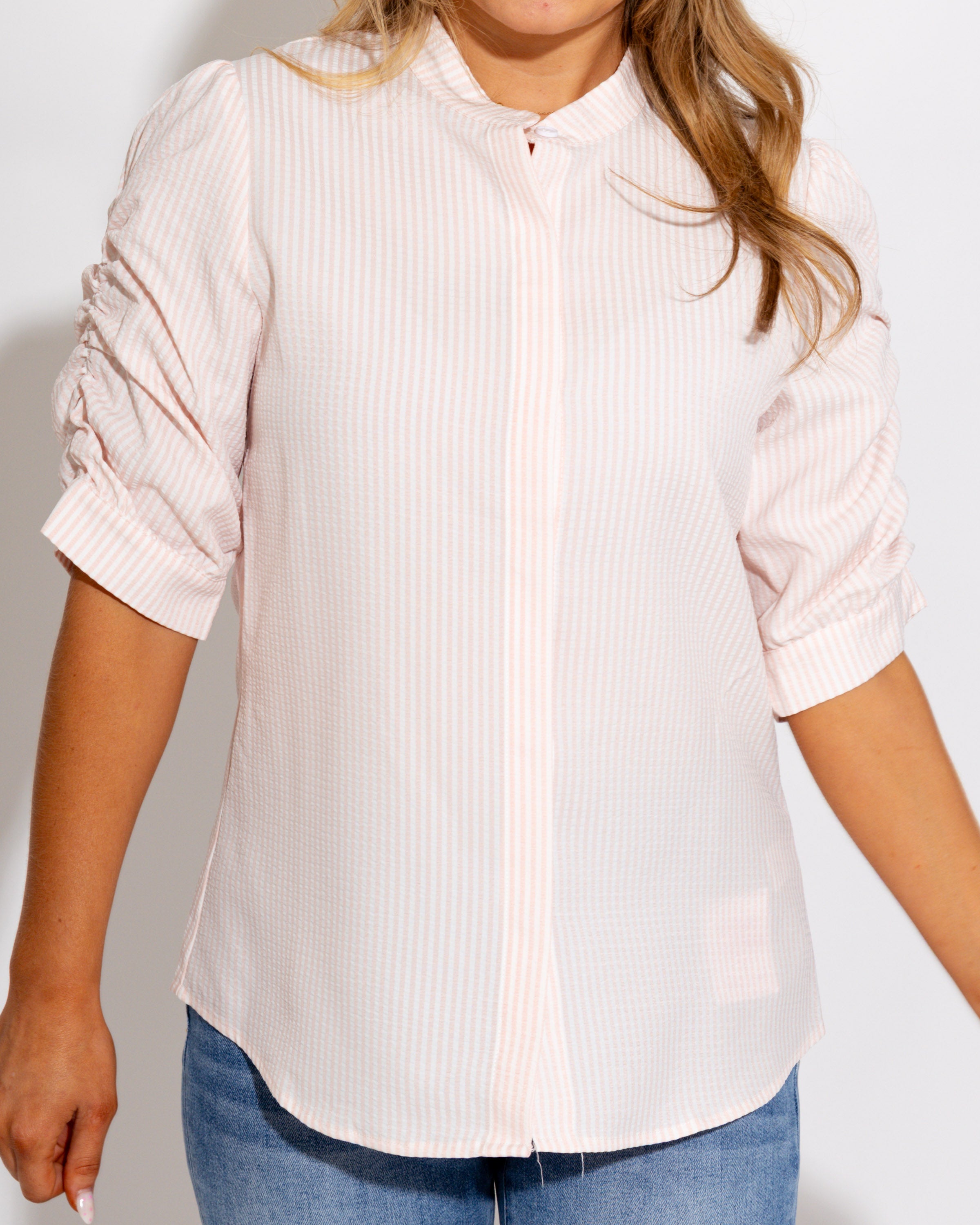 Polished Pink Stripe Button Up Top