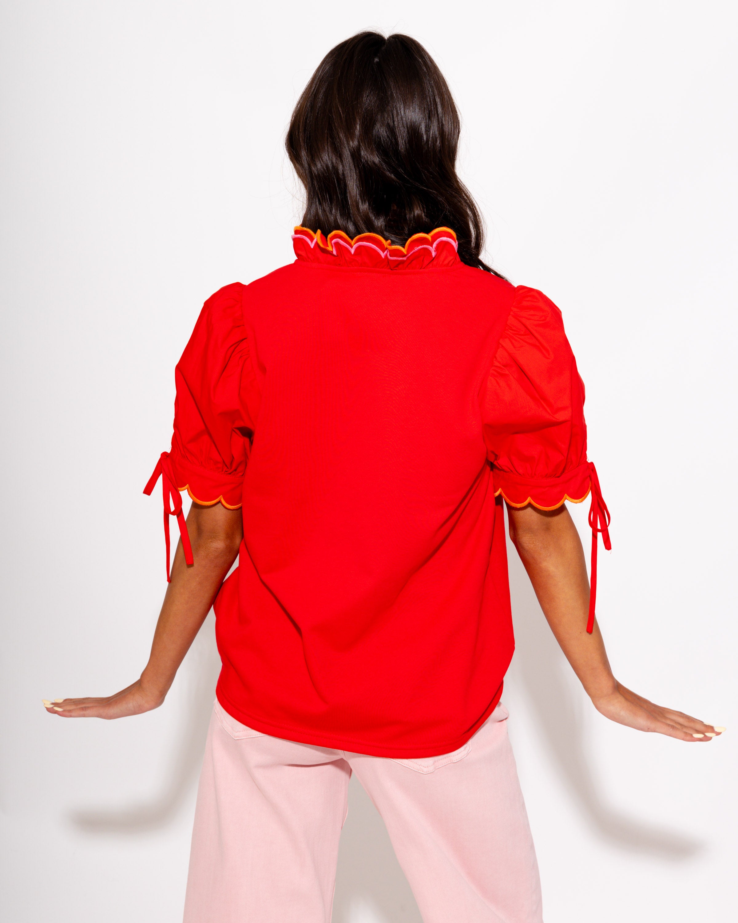 Embroidered Scallop Puff Sleeve Top in Red