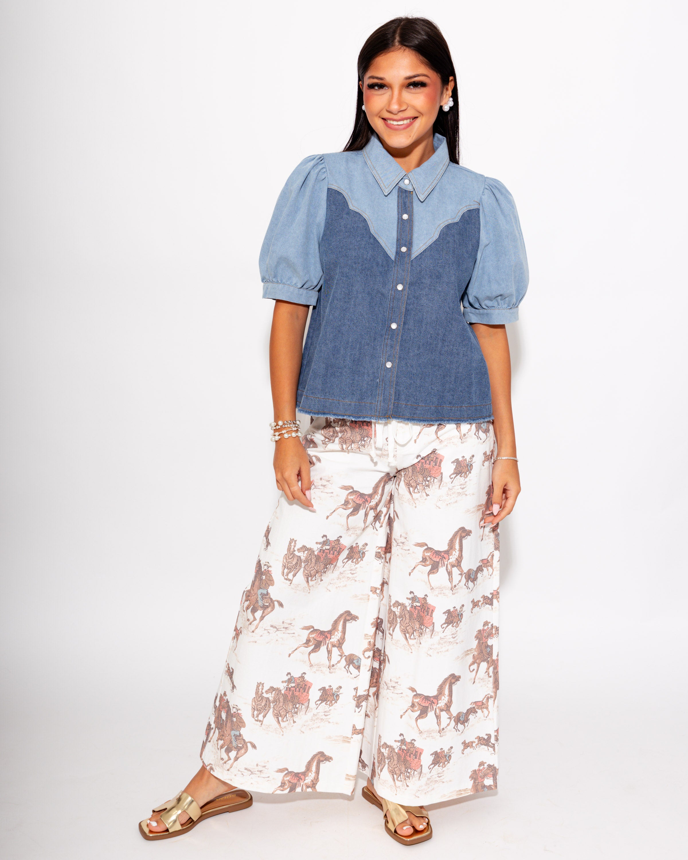 Two-Tone Denim Pearl Snap Top