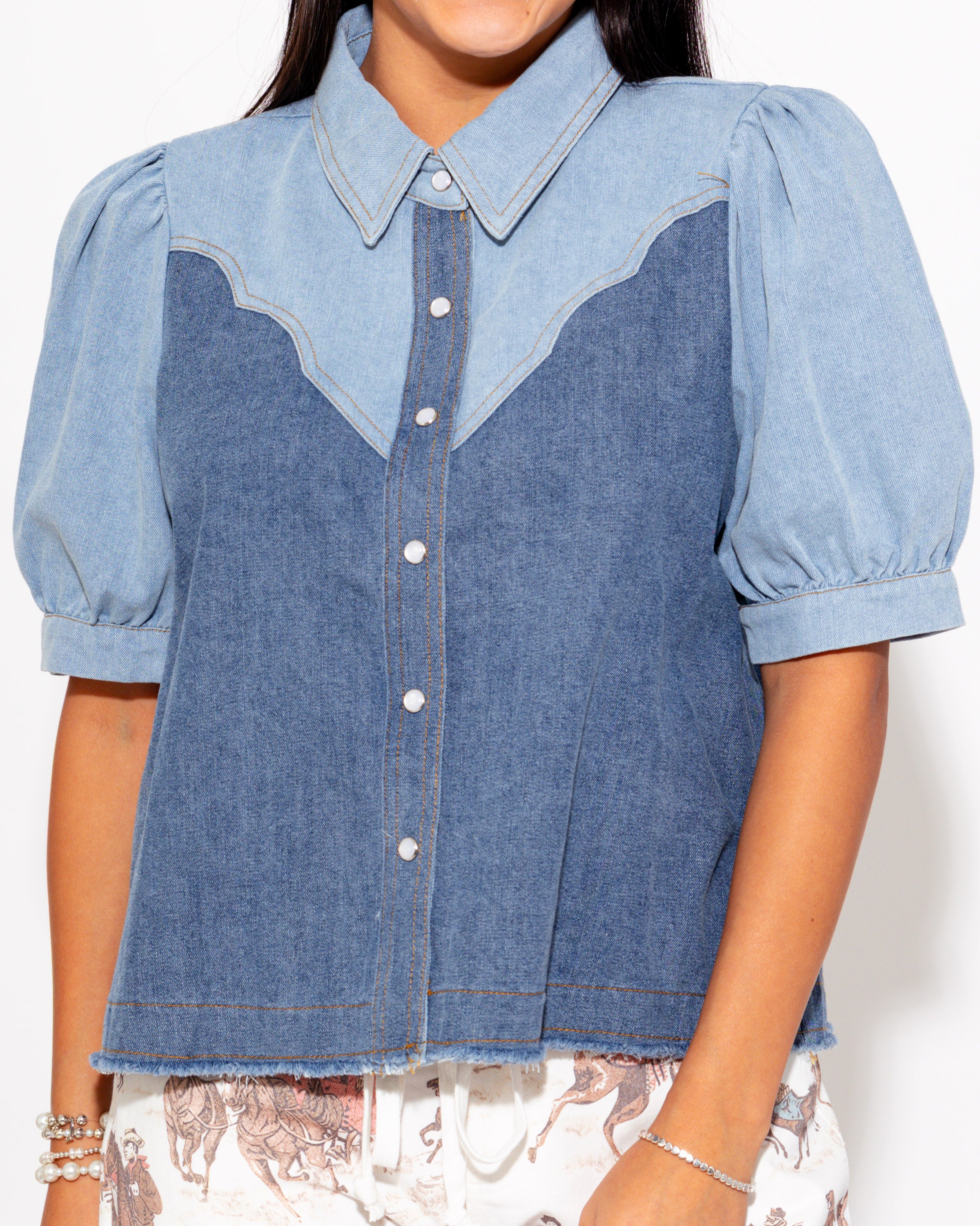 Two-Tone Denim Pearl Snap Top