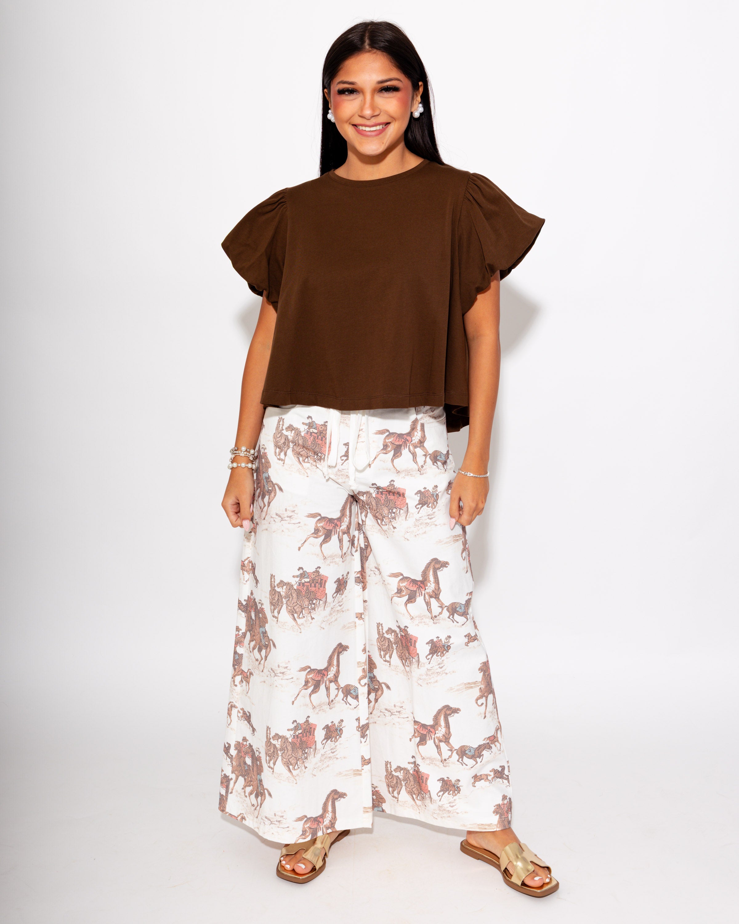 Cropped Puff Sleeve Top in Brown
