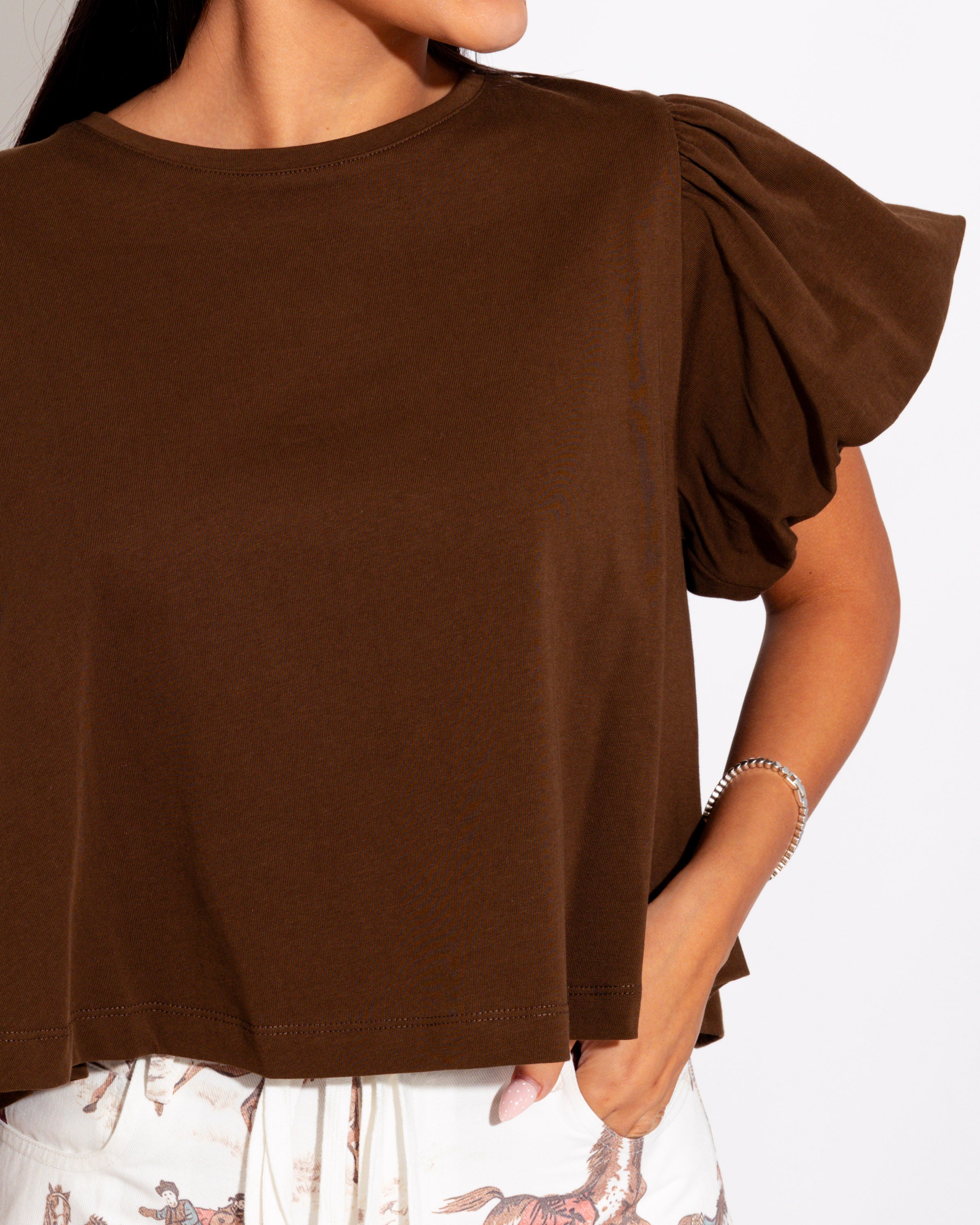 Cropped Puff Sleeve Top in Brown
