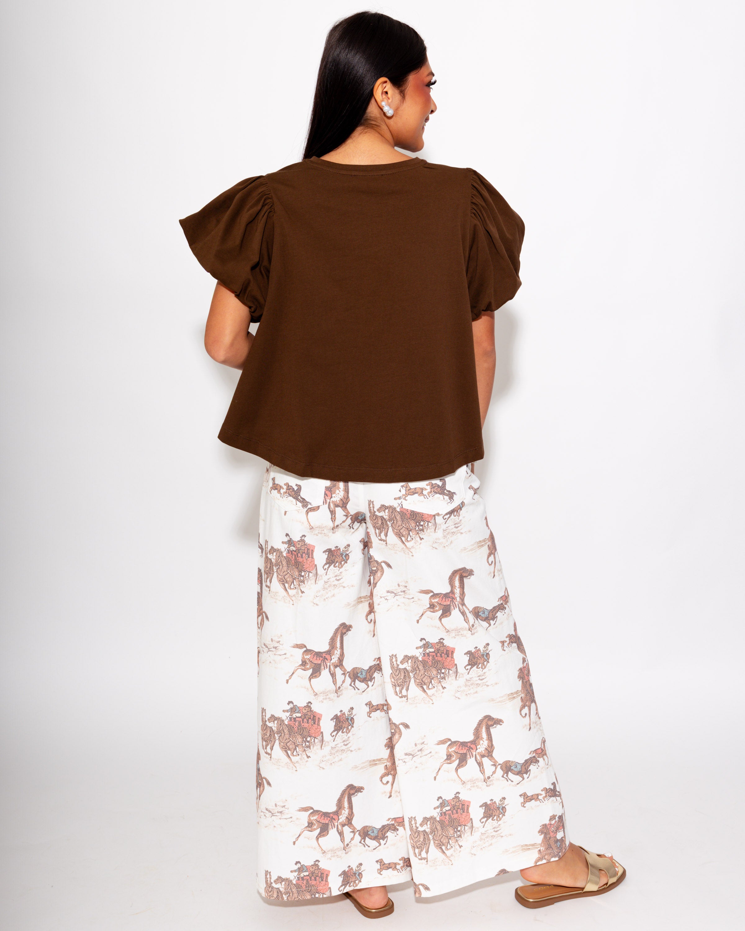 Cropped Puff Sleeve Top in Brown