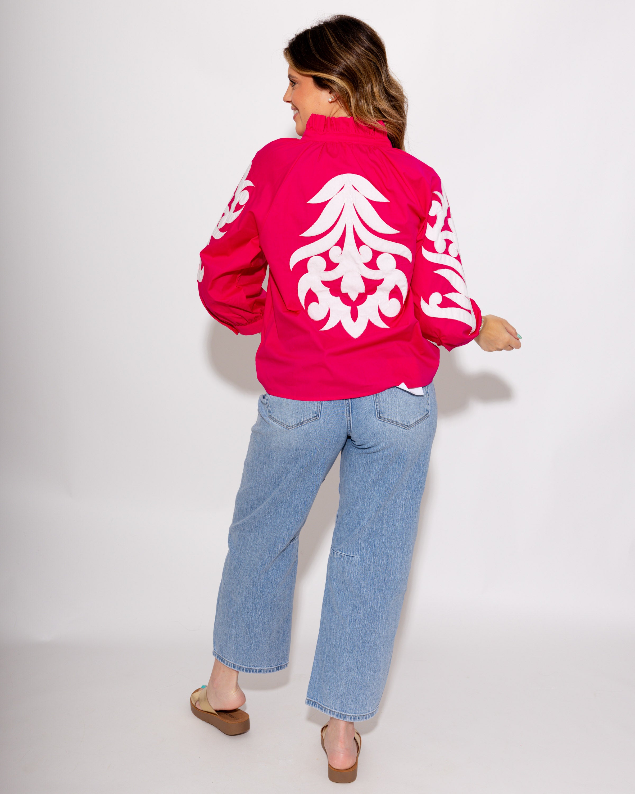 Ruffle Neck Appliqué Top in Pink