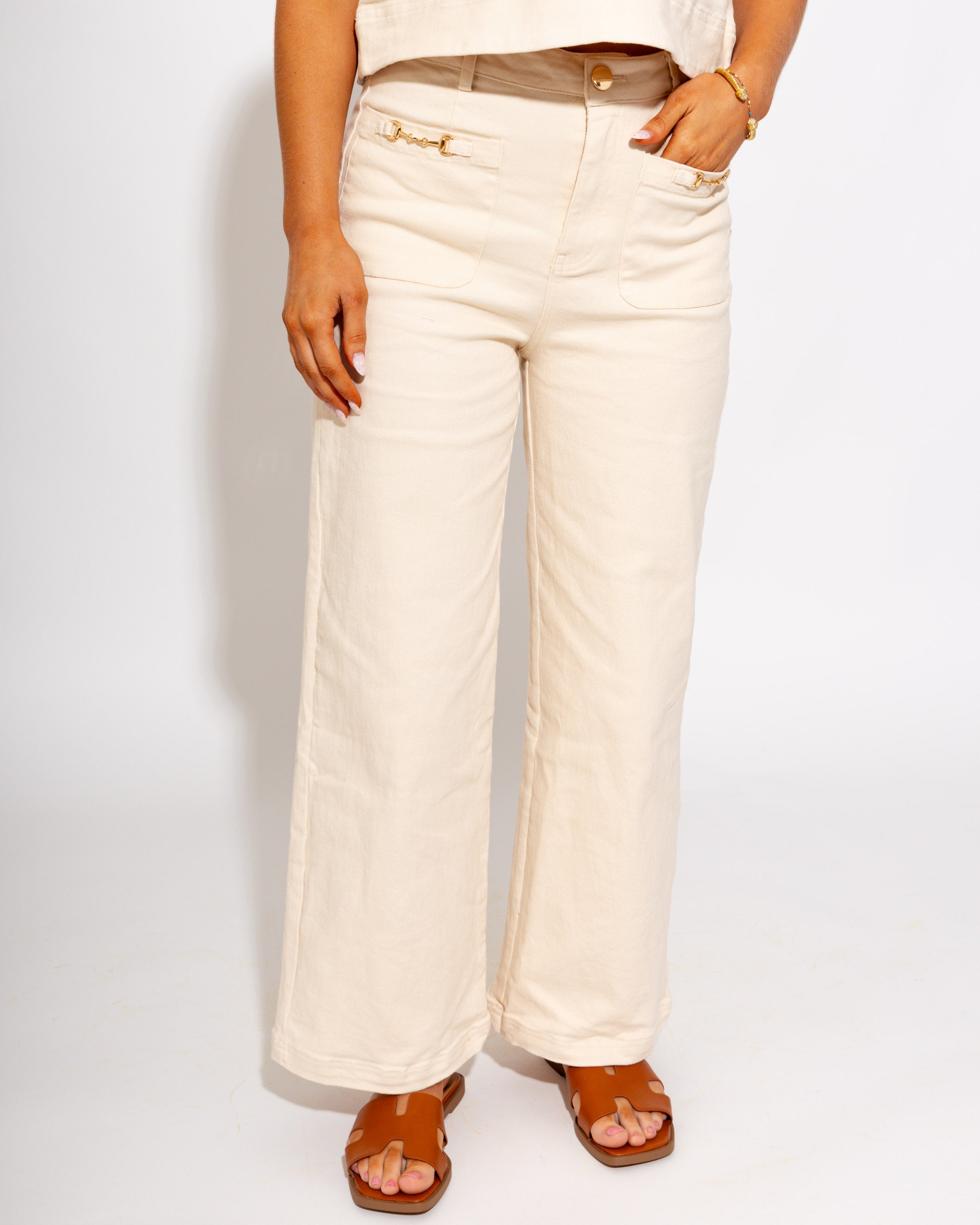 Horsebit Hardware Wide Leg Pants in Ecru