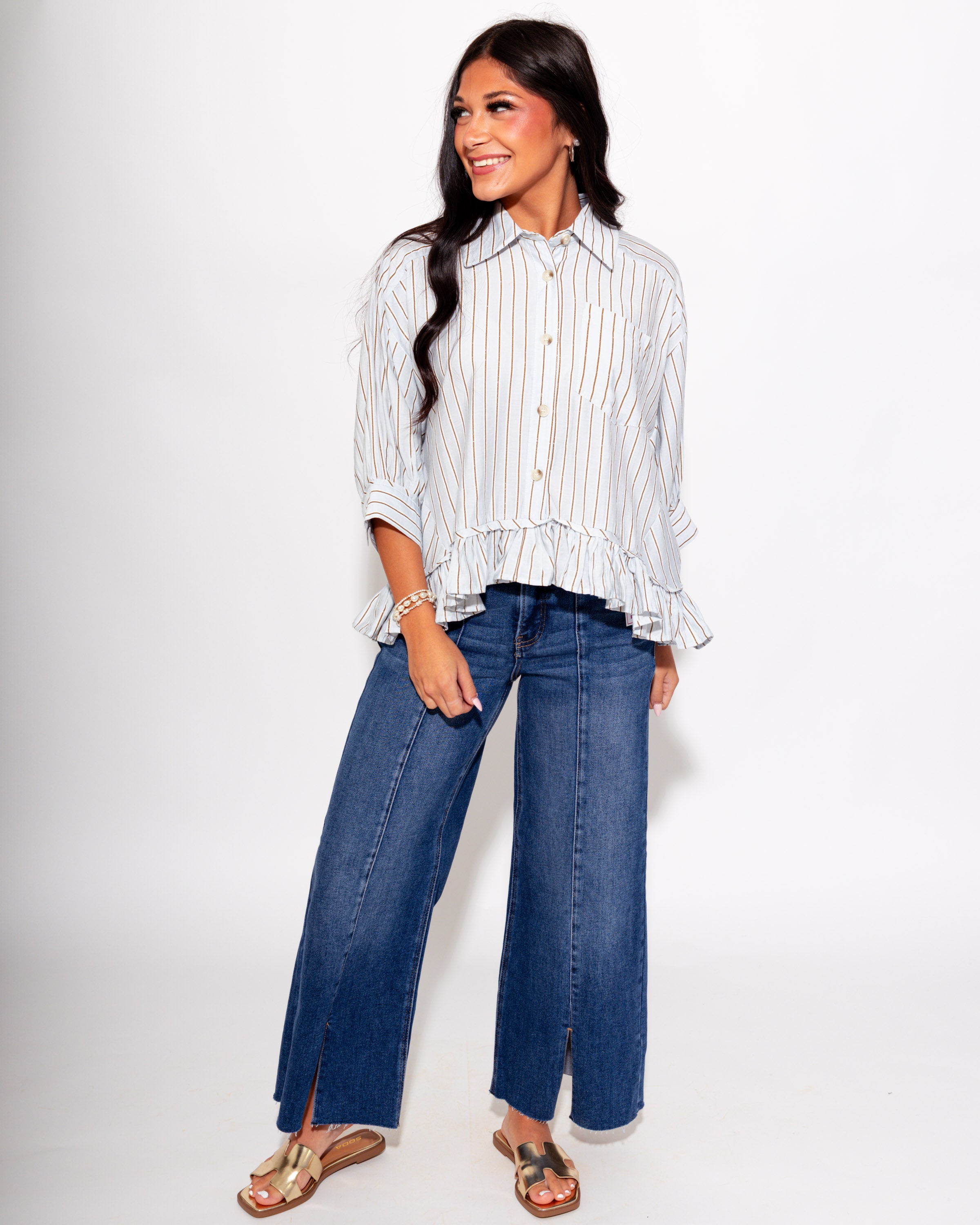 Playful Stripe Ruffle Hem Top in Blue