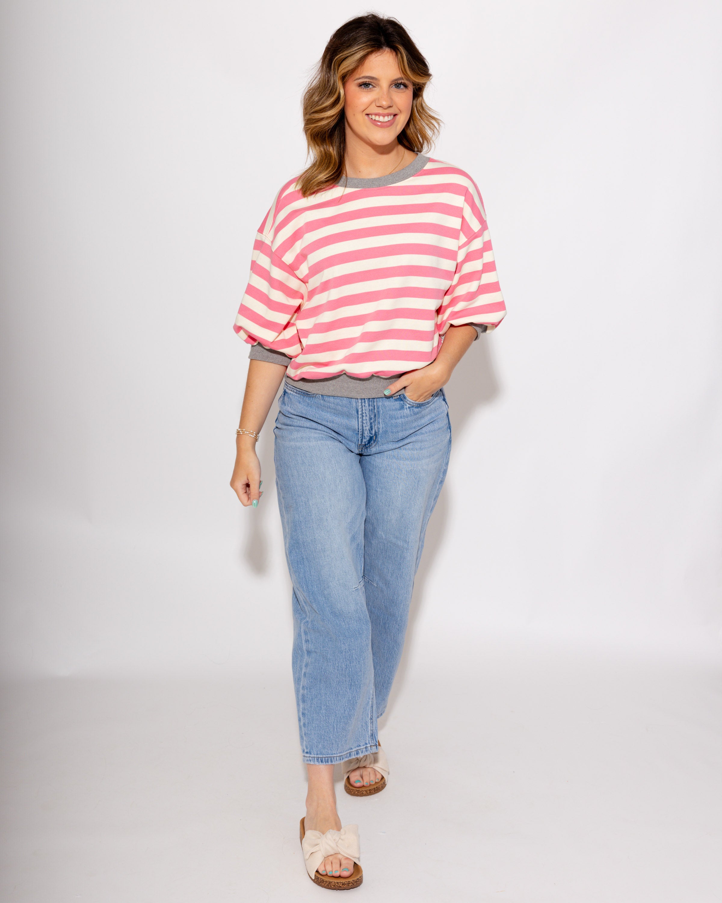 Striped Bubble Sleeve Top in Pink