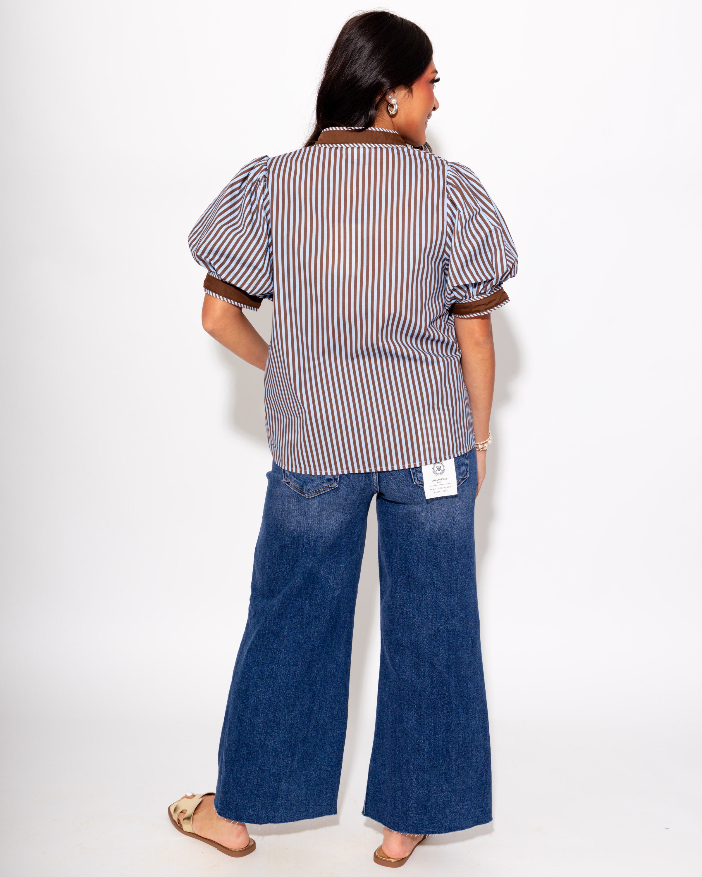 Contrast Trim Stripe V-Neck Top in Blue Brown