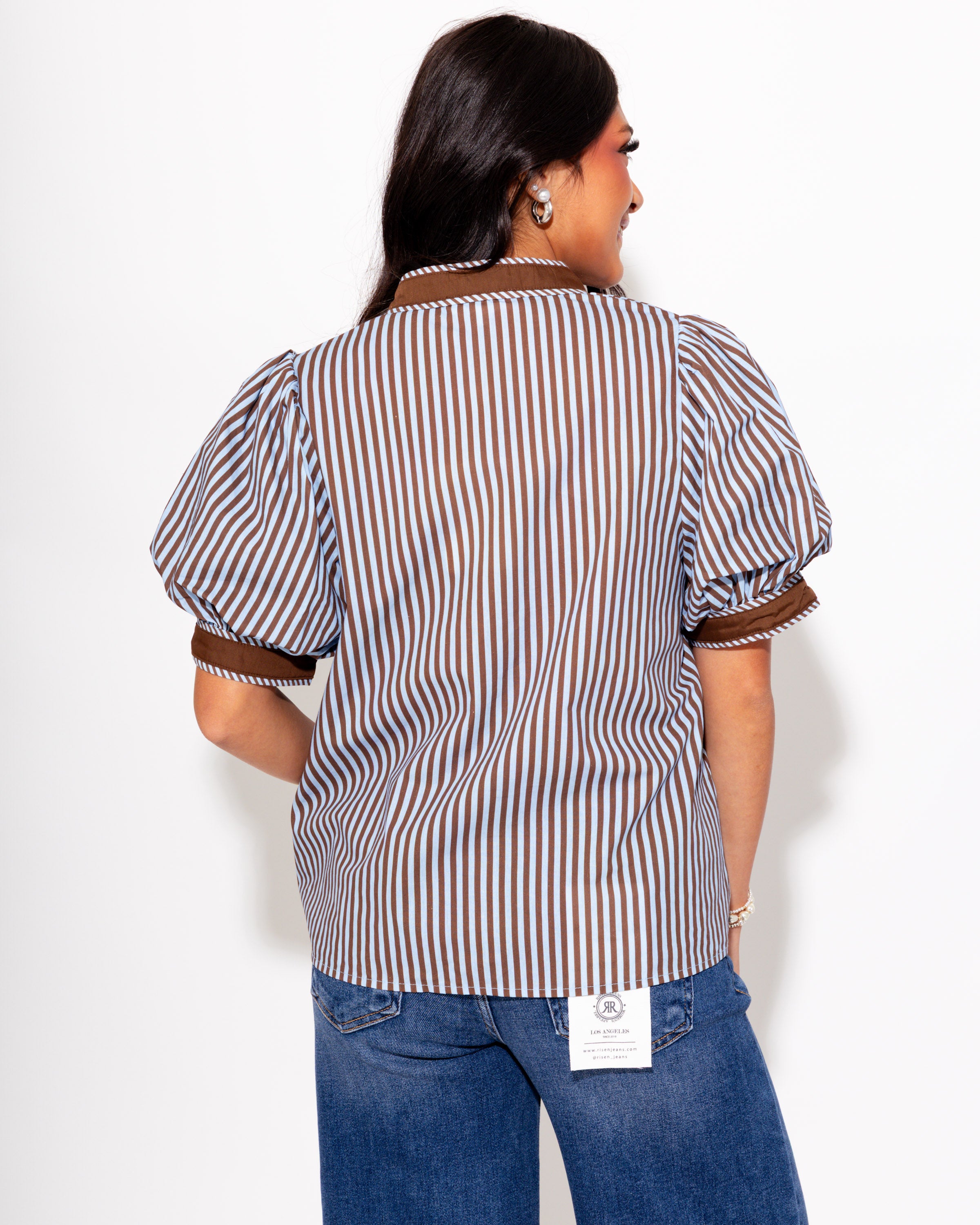 Contrast Trim Stripe V-Neck Top in Blue Brown