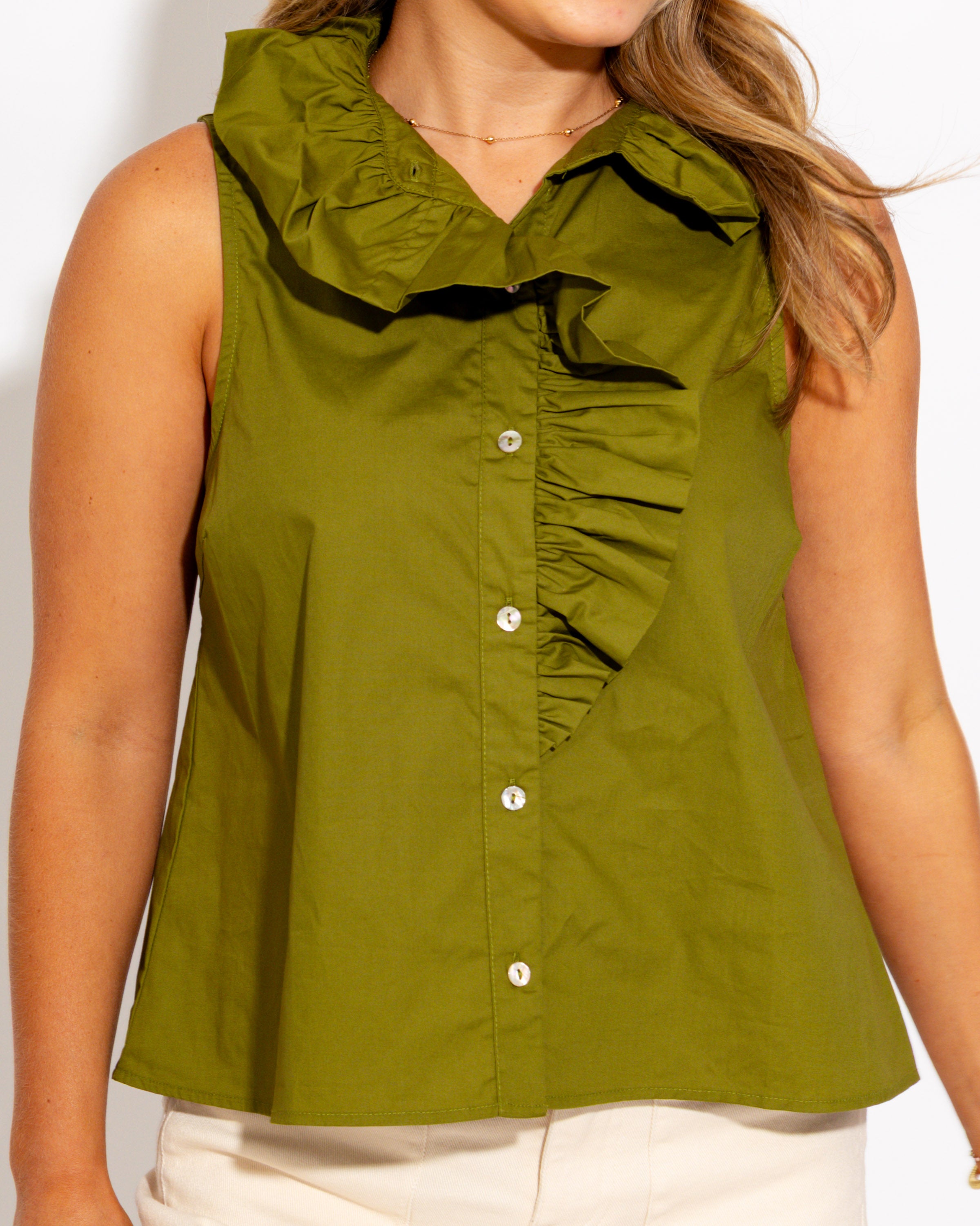Ruffle Front Top in Olive