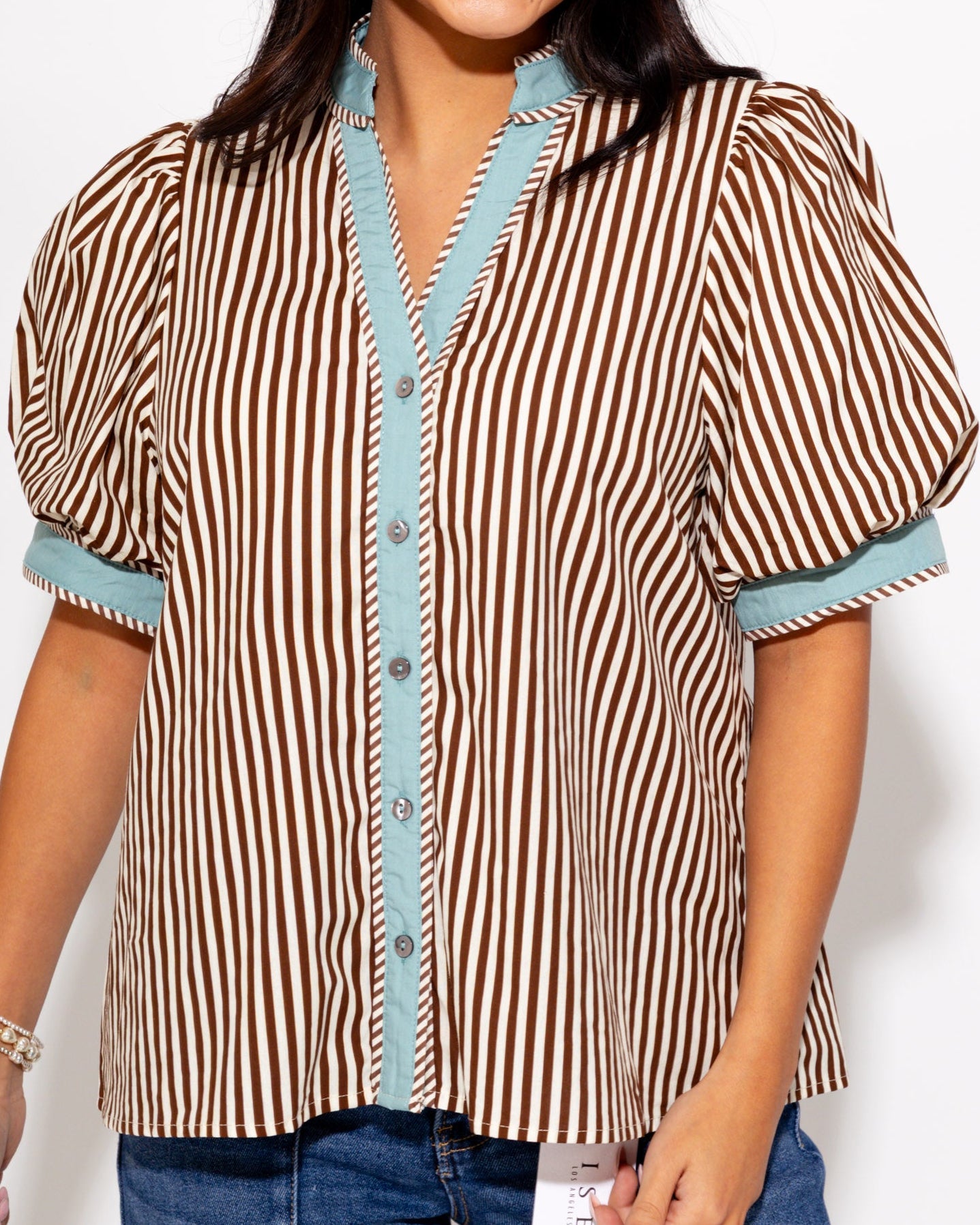 Contrast Trim Stripe V-Neck Top in Brown