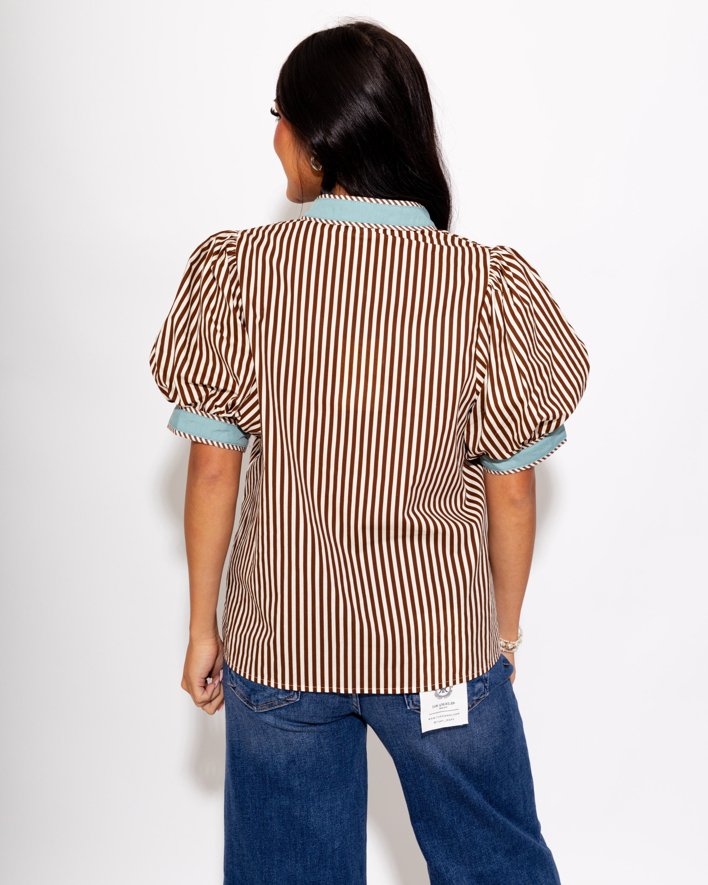 Contrast Trim Stripe V-Neck Top in Brown
