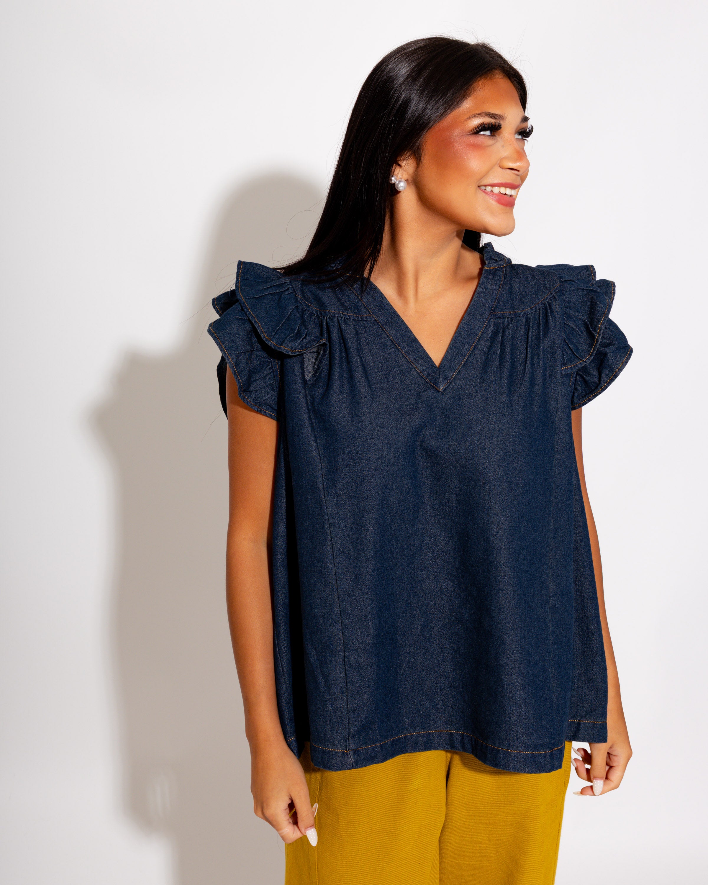 Chambray Ruffle Sleeve V-Neck Top
