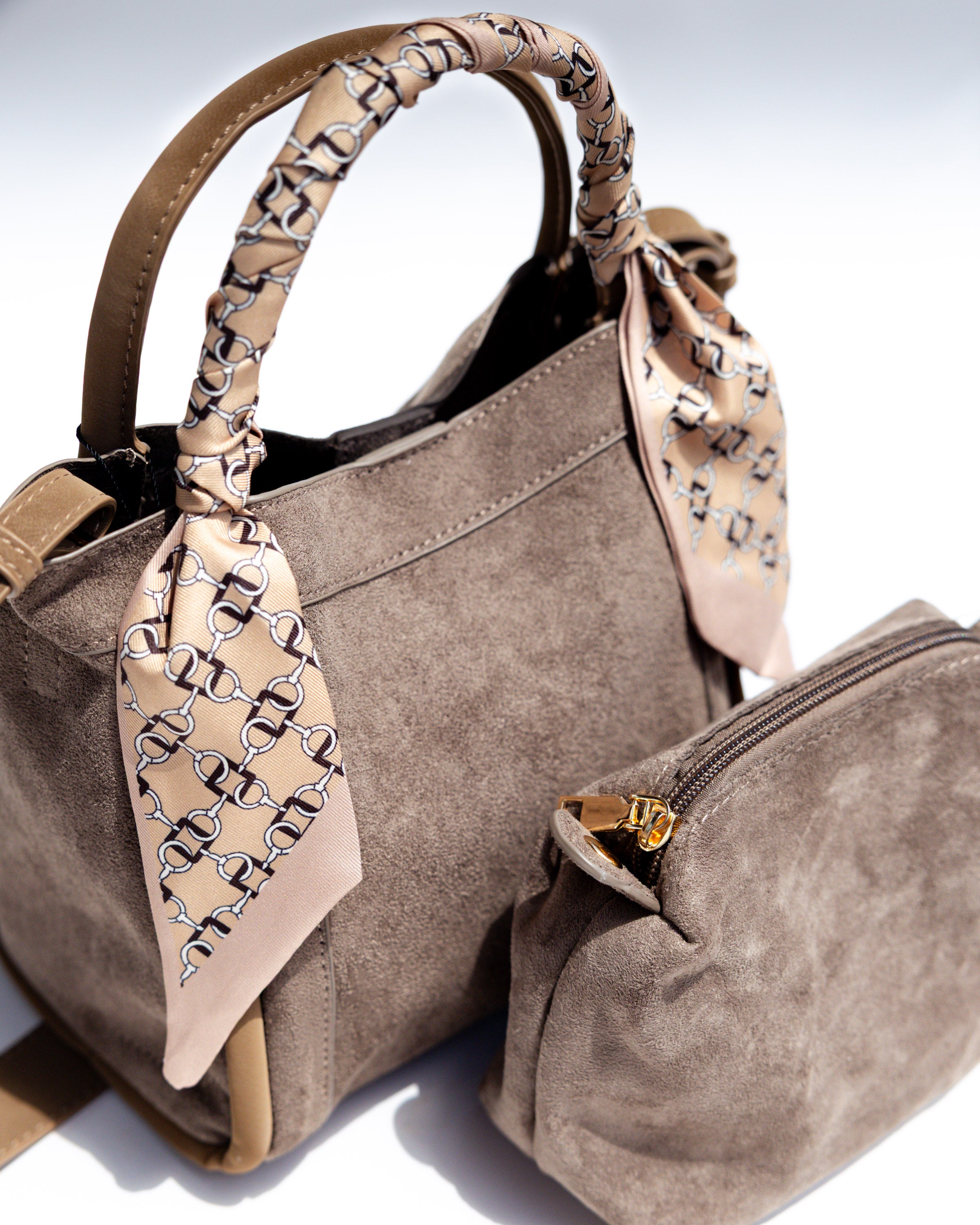 Signature Suede Handbag in Taupe