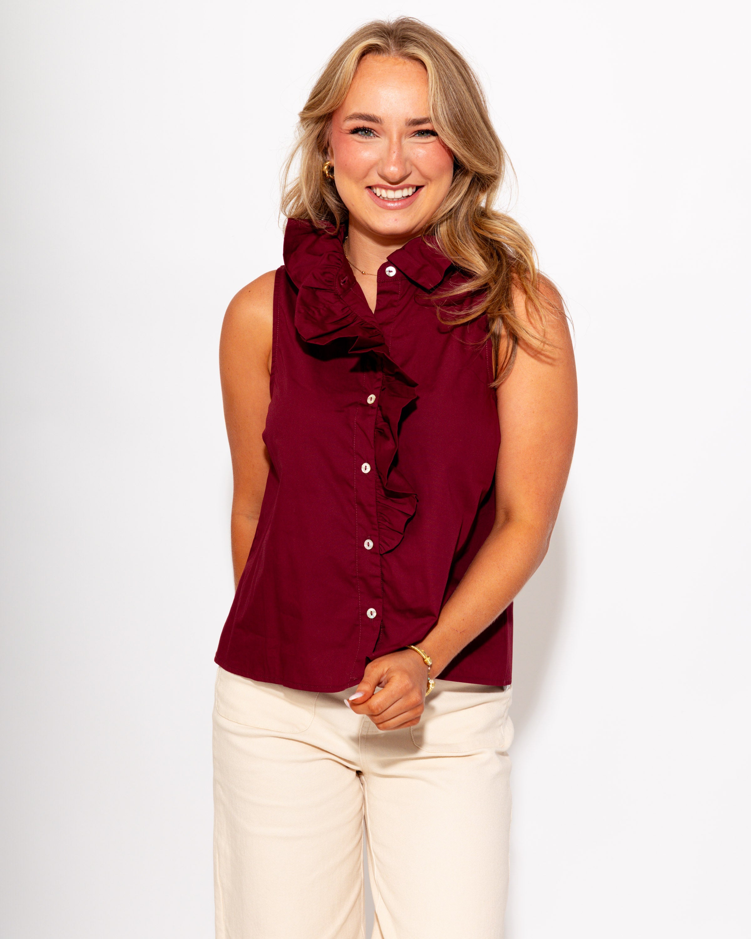 Ruffle Front Top in Burgundy