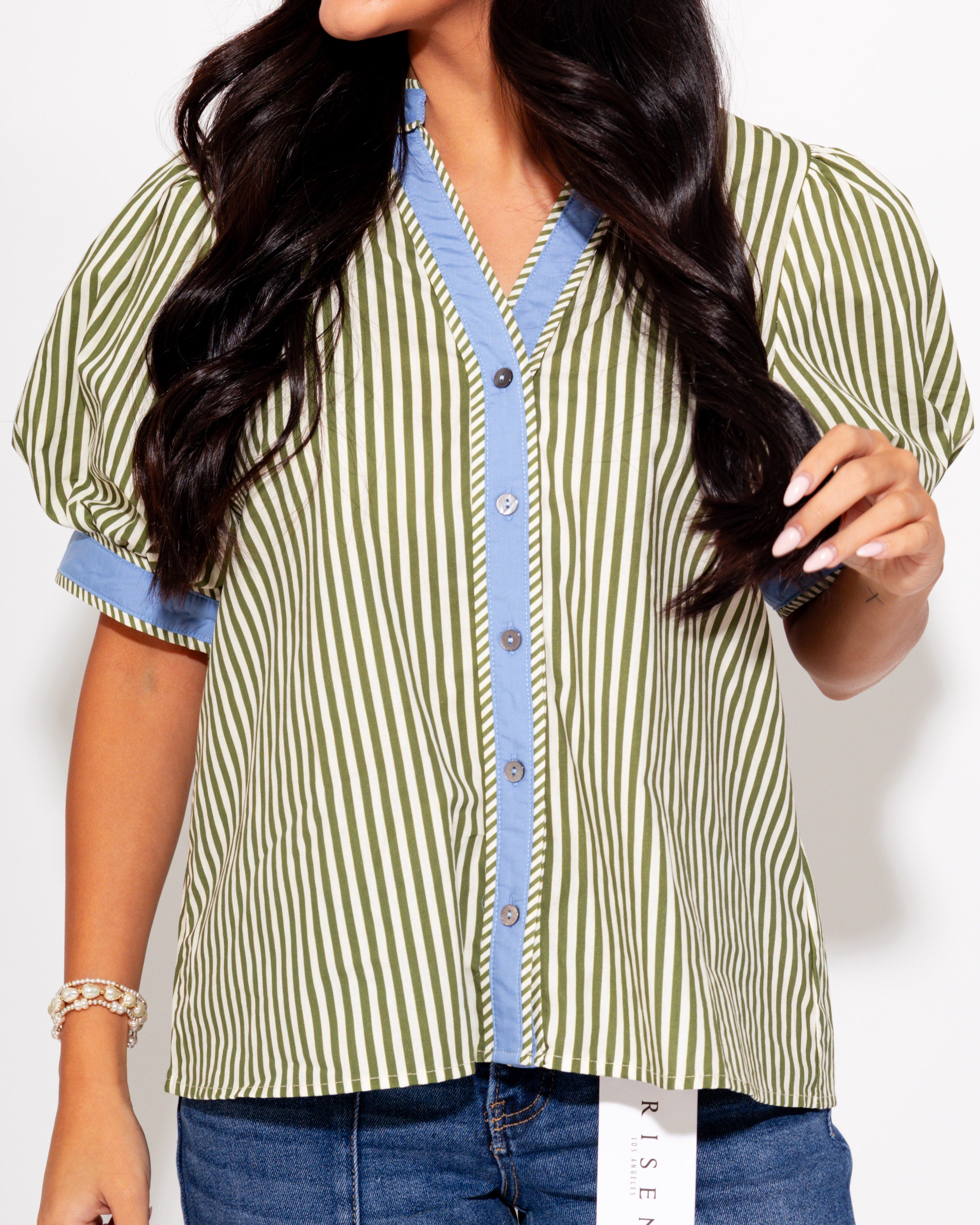 Contrast Trim Stripe V-Neck Top in Olive