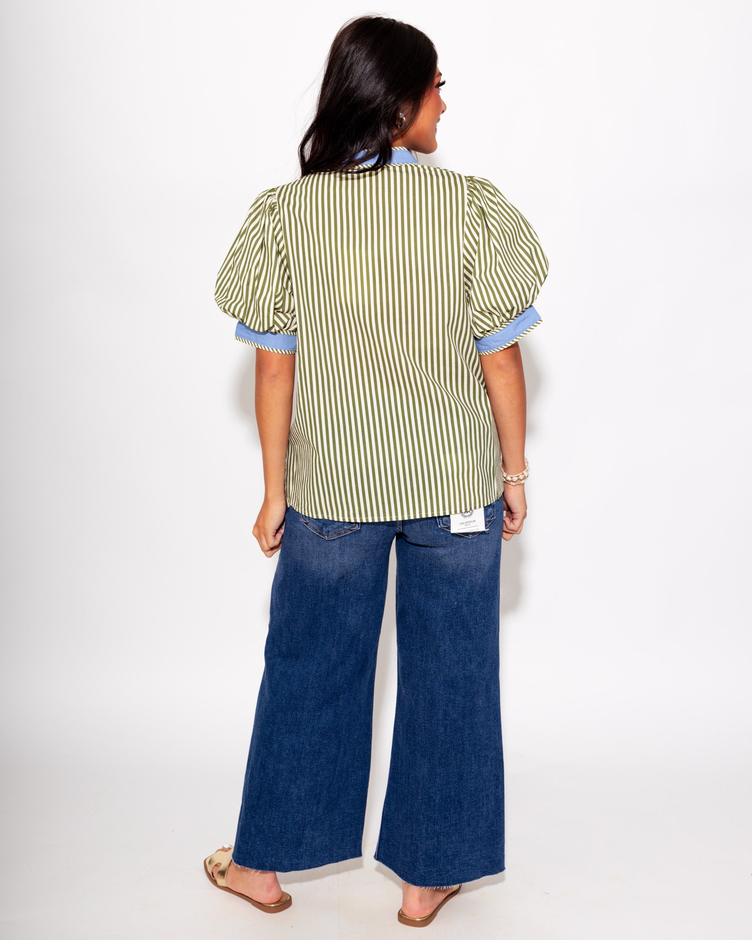 Contrast Trim Stripe V-Neck Top in Olive
