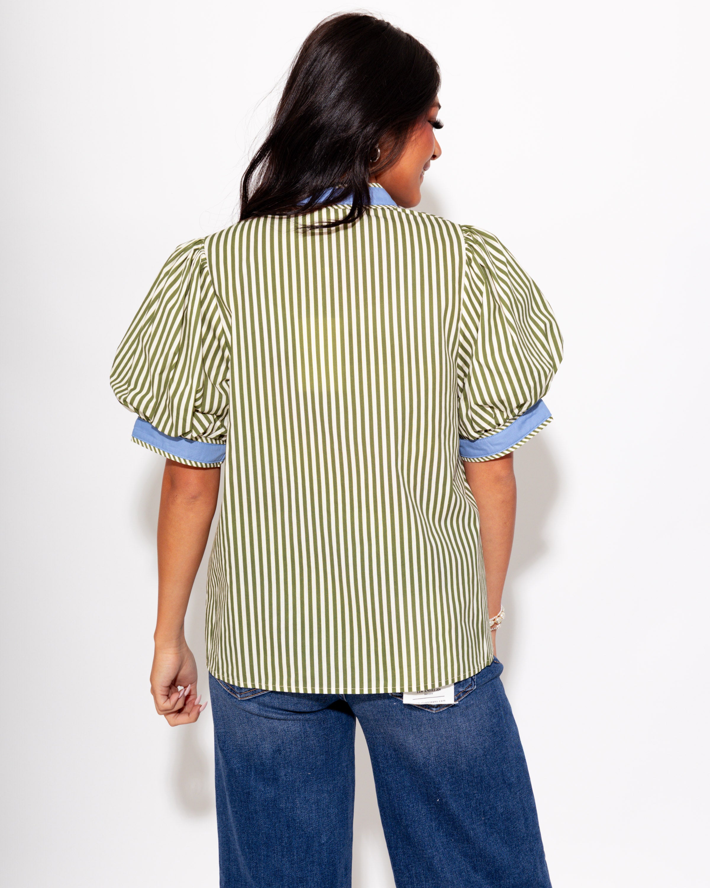 Contrast Trim Stripe V-Neck Top in Olive